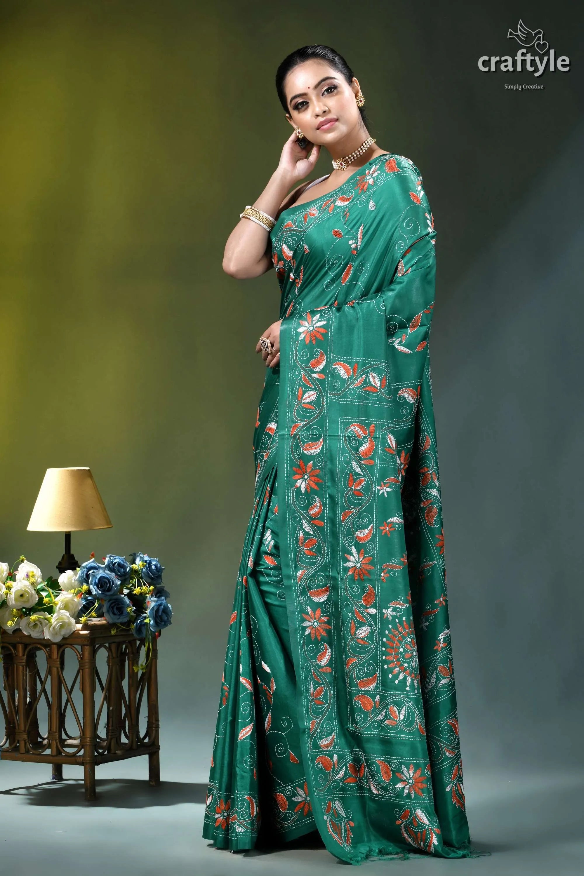 Pine green multithread hand kantha embroidery silk saree emerald green silk saree adorned 2