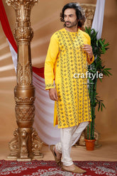 Pineaaple yellow kantha stitch designer cotton kurta for men yellow embroidered kurta white pants 1