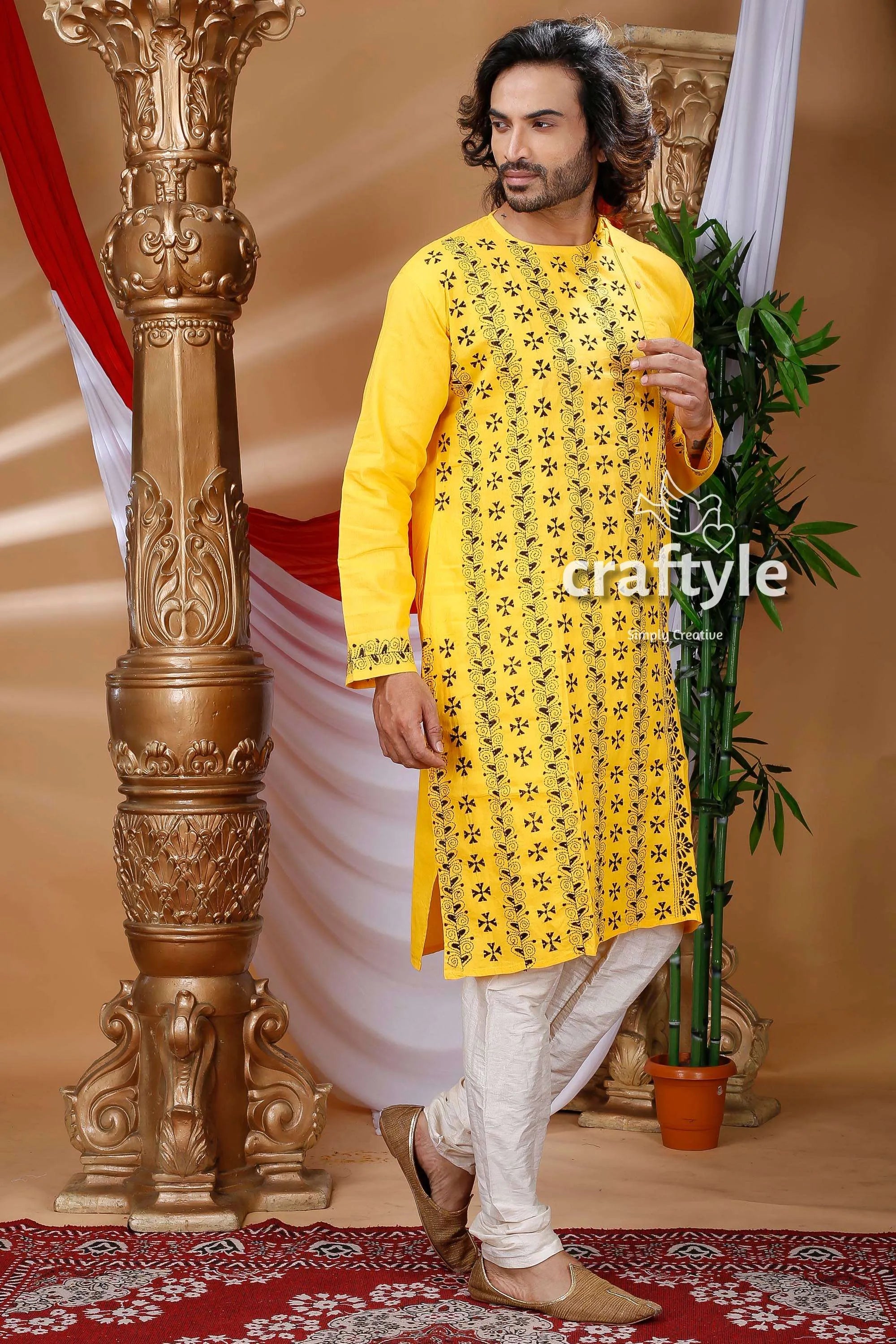 Pineaaple yellow kantha stitch designer cotton kurta for men embroidered white pants 1