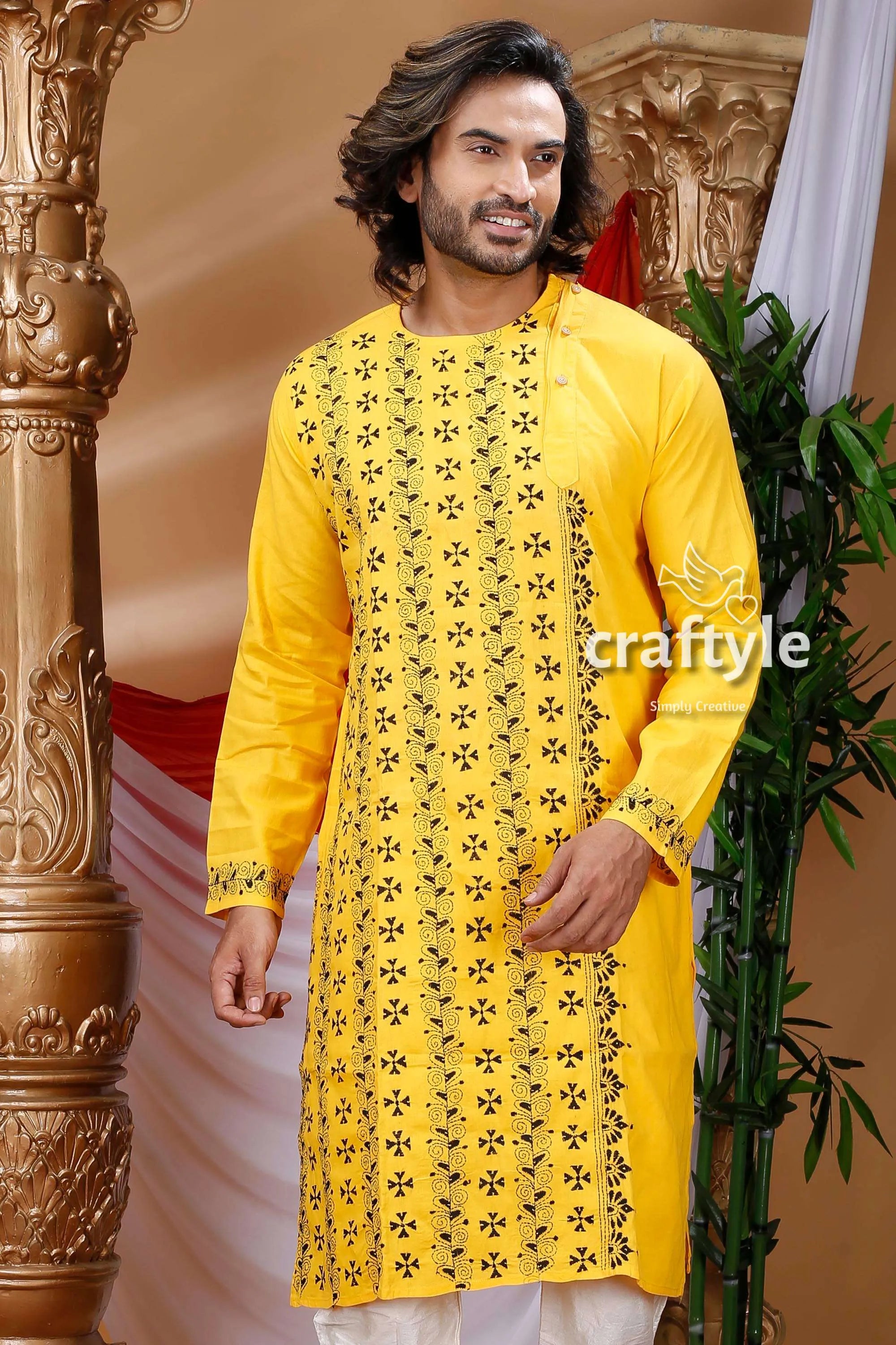 Pineaaple yellow kantha stitch designer cotton kurta for men embroidered 2