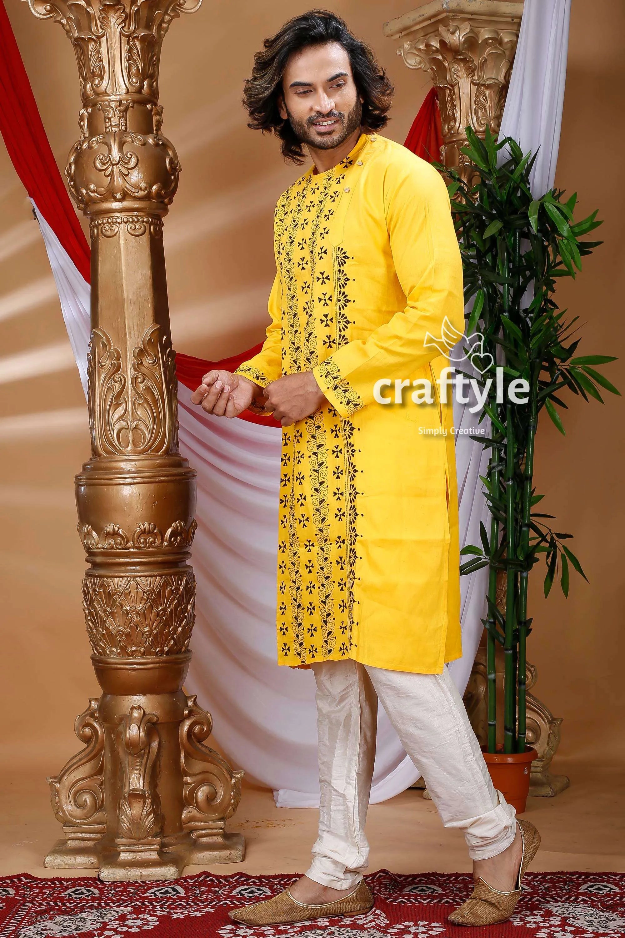 Pineaaple yellow kantha stitch designer cotton kurta for men embroidered white pants 3