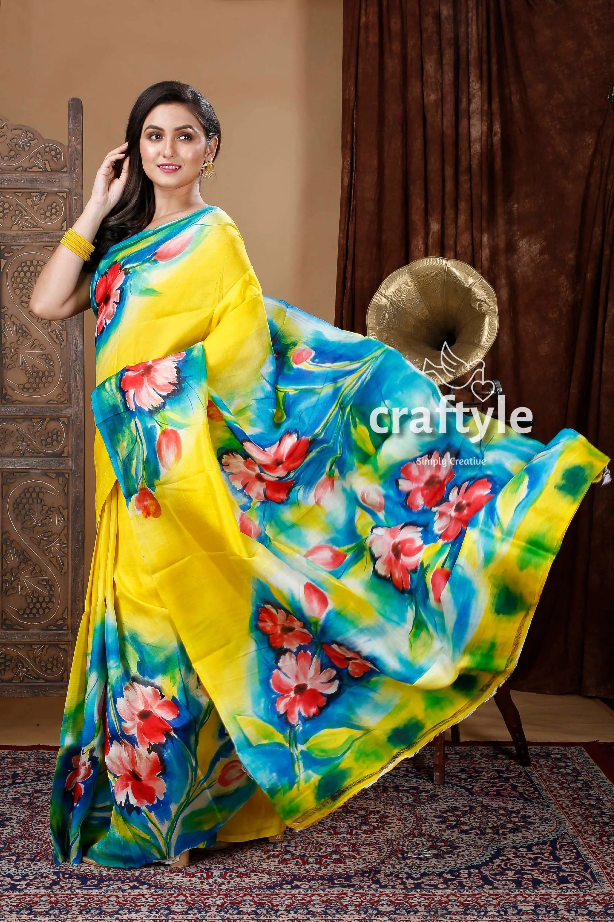 Pineapple yellow hand painted mulberry pure silk saree floral design 3