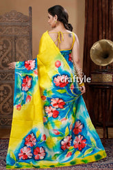 Pineapple yellow hand painted mulberry pure silk saree yellow blue floral saree 5