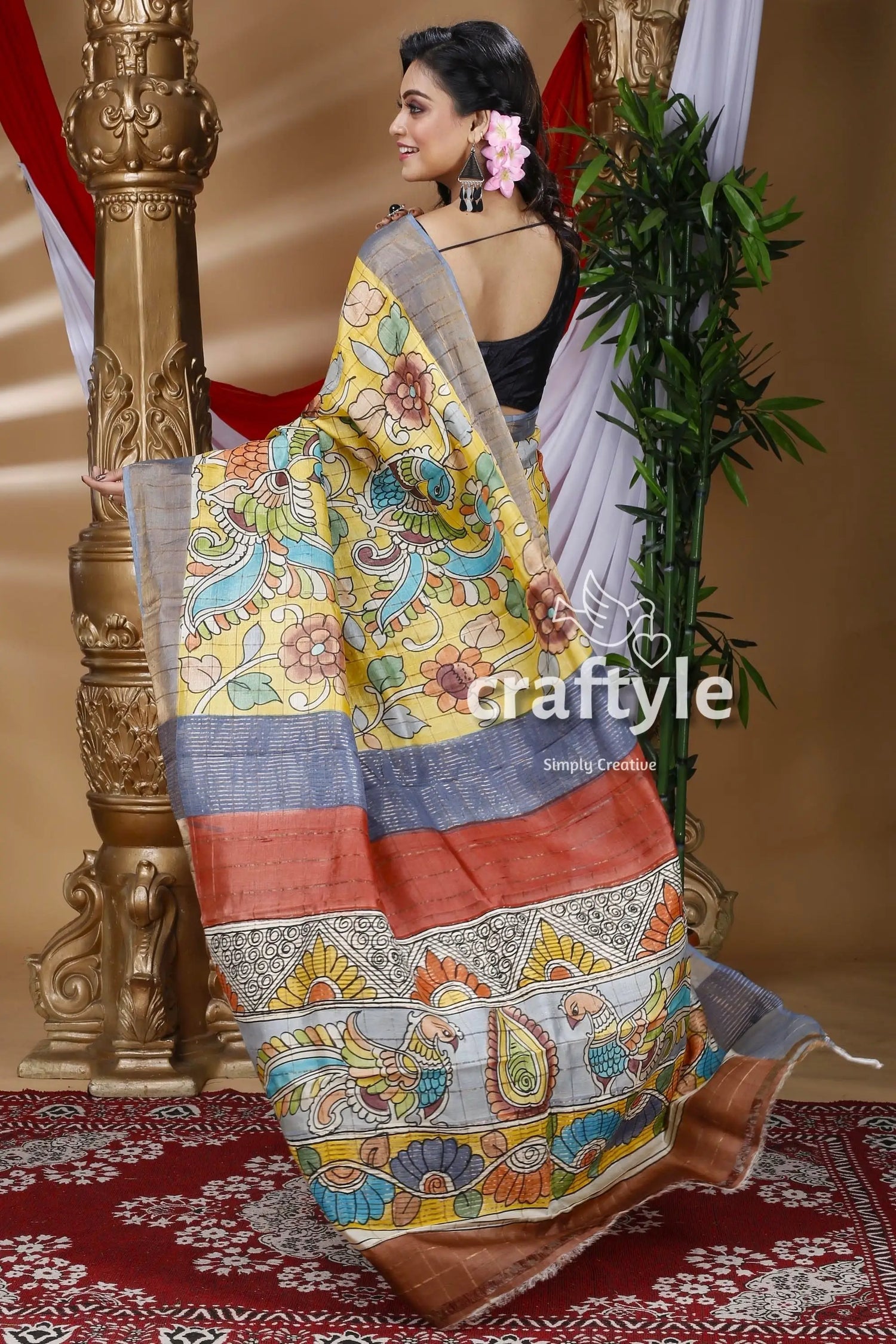 Pineapple yellow handcrafted zari border pure tussar kalamkari sari yellow gray patterned saree 4