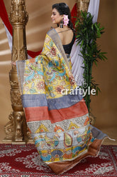 Pineapple yellow handcrafted zari border pure tussar kalamkari sari yellow gray patterned saree 4