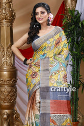 Pineapple yellow handcrafted zari border pure tussar kalamkari sari woman yellow floral saree 2