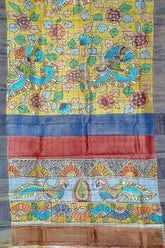 Pineapple yellow handcrafted zari border pure tussar kalamkari sari floral peacock patterned fabric 5