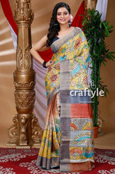 Pineapple yellow handcrafted zari border pure tussar kalamkari sari woman yellow floral saree 1