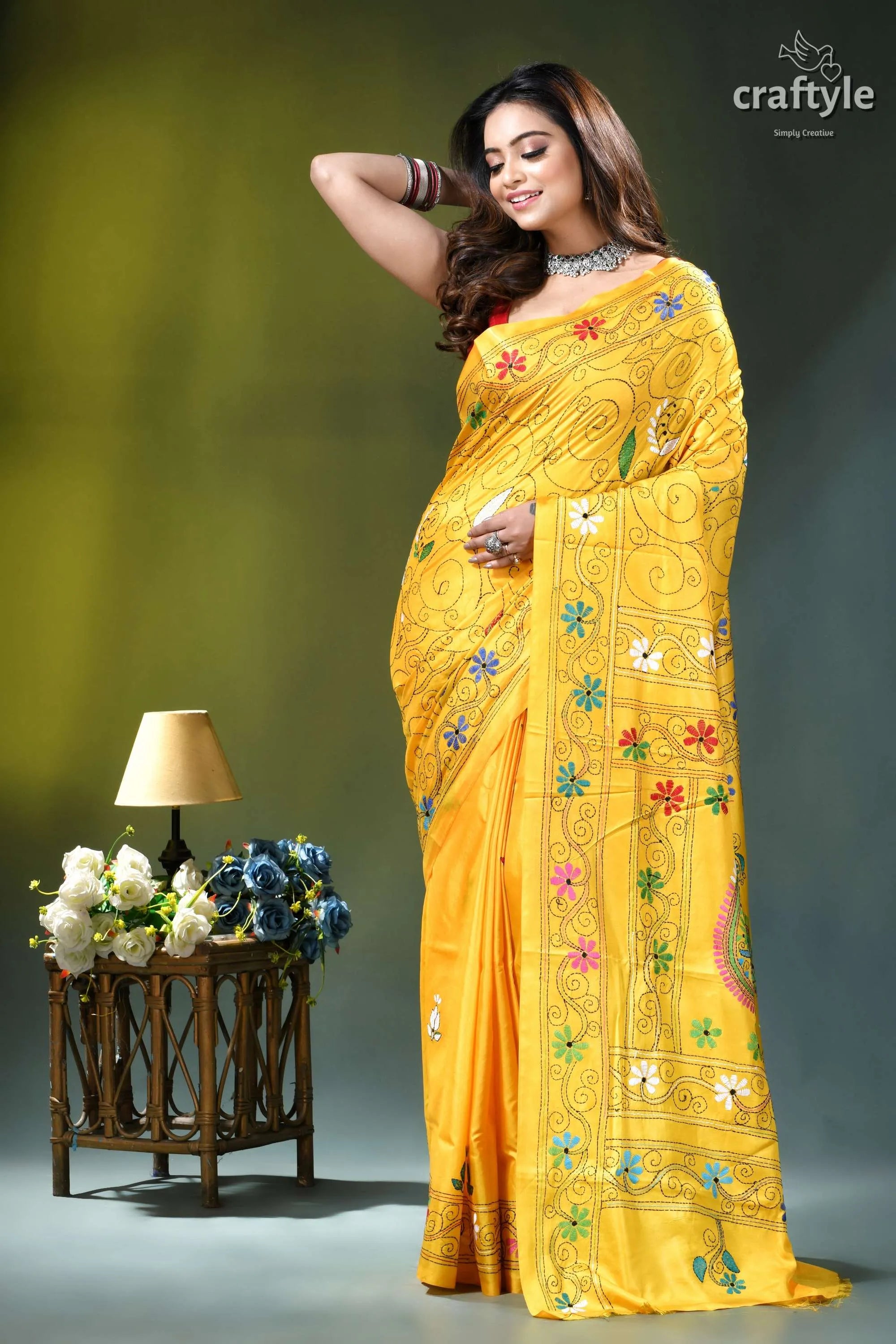 Pineapple yellow multi-thread handmade silk kantha saree vibrant yellow saree adorned colorful 1