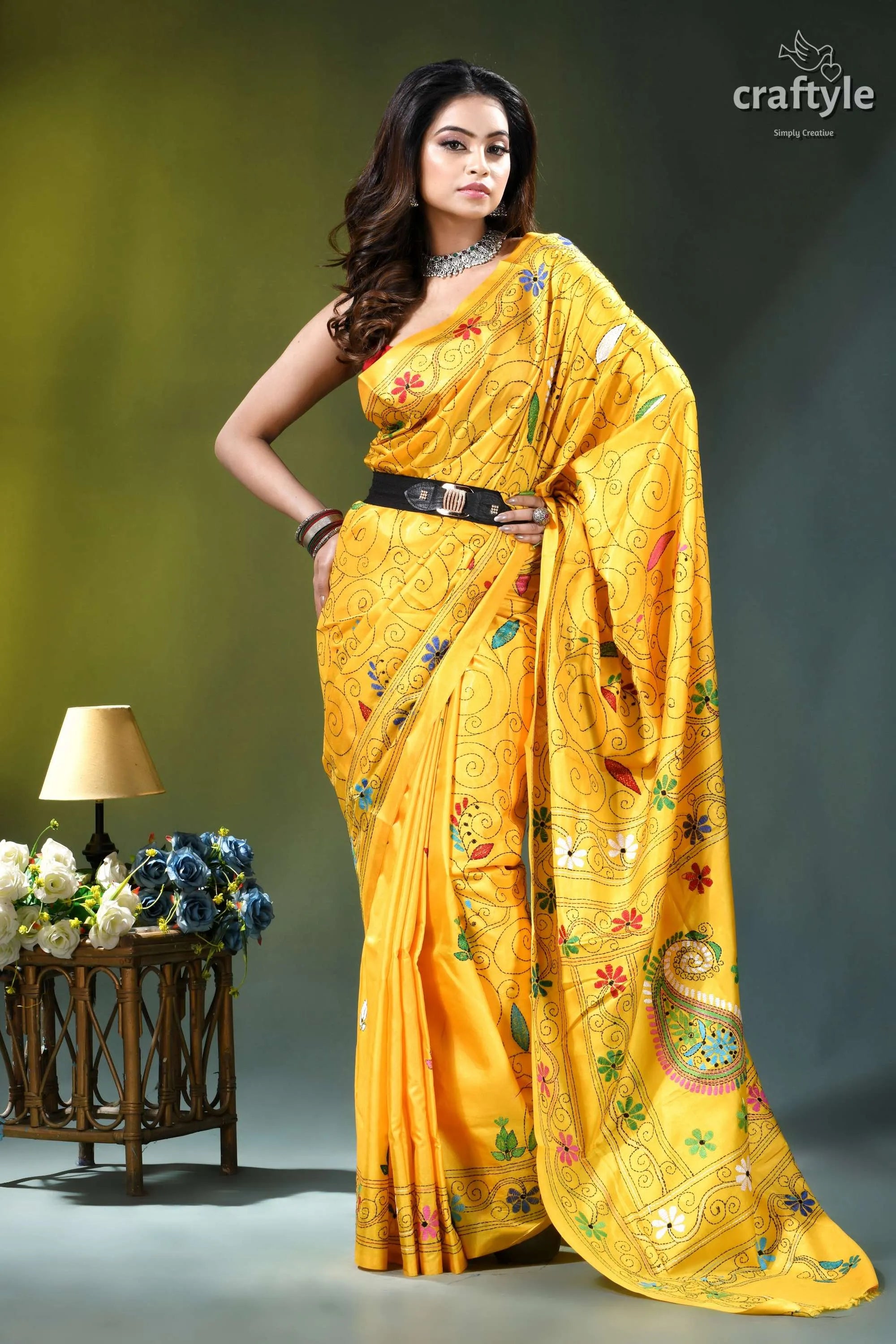 Pineapple yellow multi-thread handmade silk kantha saree vibrant yellow silk saree adorned 5