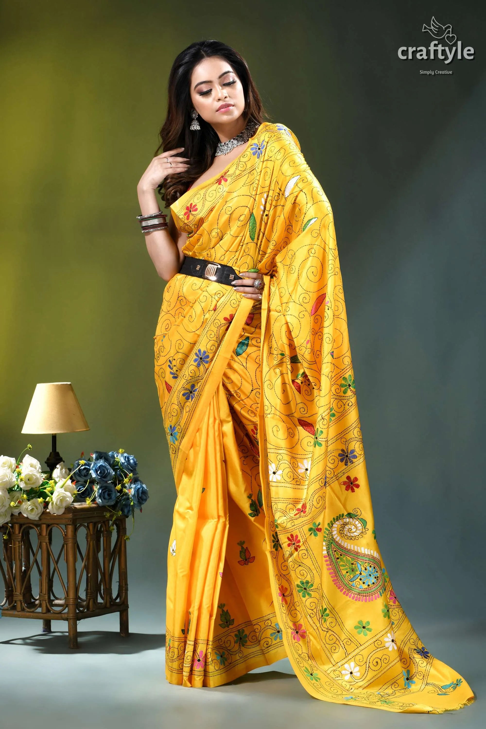 Pineapple yellow multi-thread handmade silk kantha saree vibrant yellow saree adorned intricate 6