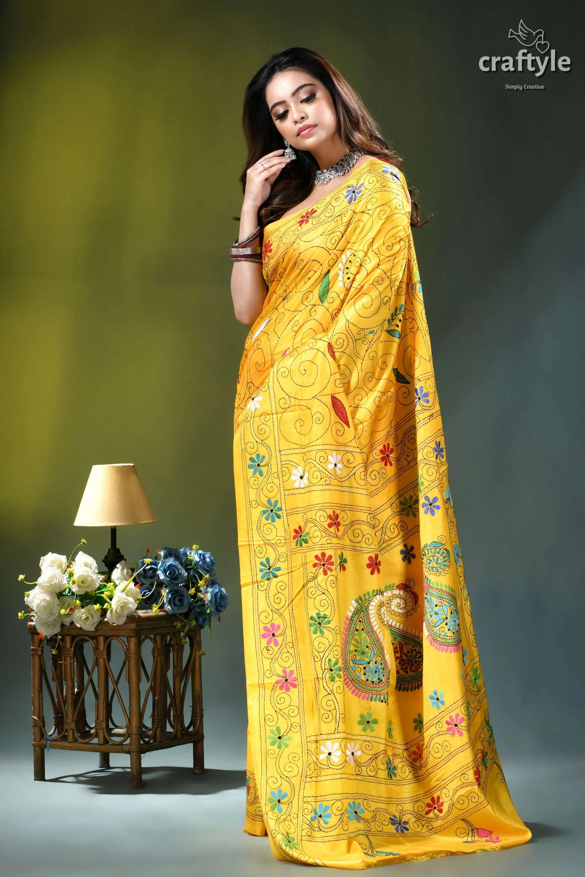 Pineapple yellow multi-thread handmade silk kantha saree vibrant yellow saree intricate floral 3