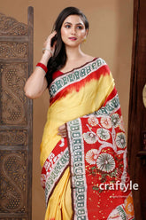 Pineapple yellow & red elephant design batik pure mulberry silk saree yellow red batik saree 2