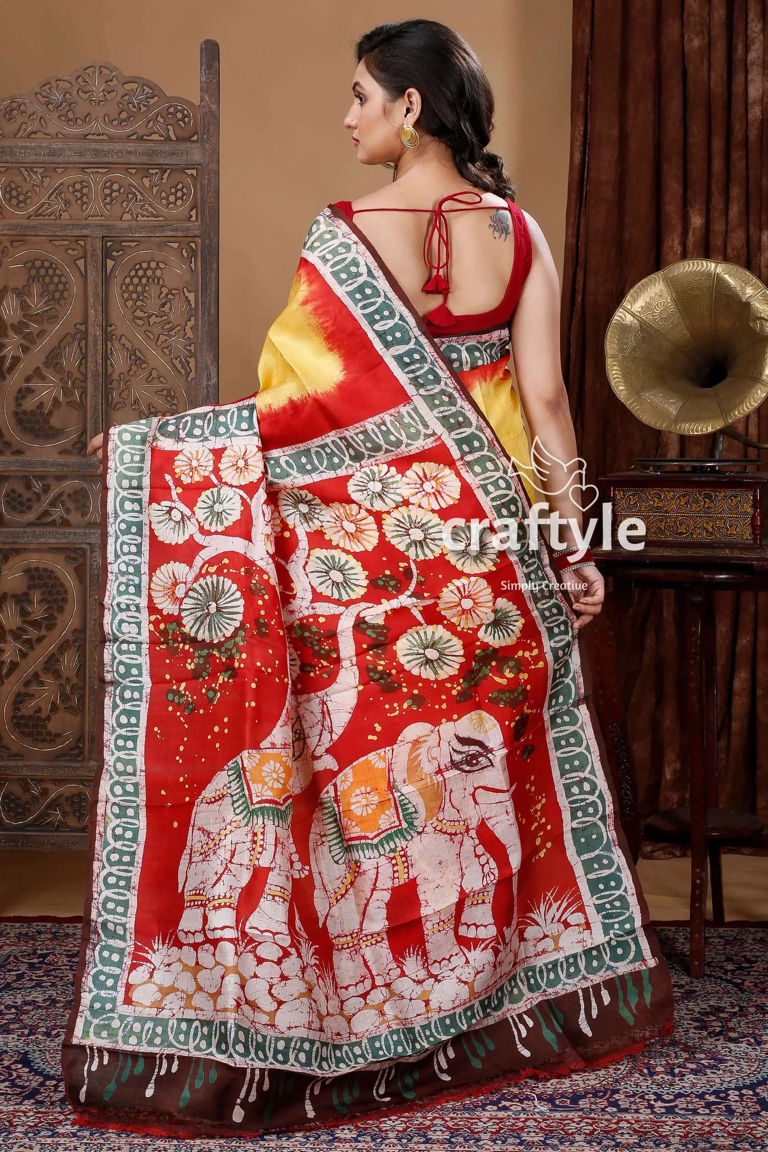 Pineapple yellow & red elephant design batik pure mulberry silk saree woman red yellow elephant-patterned saree 4