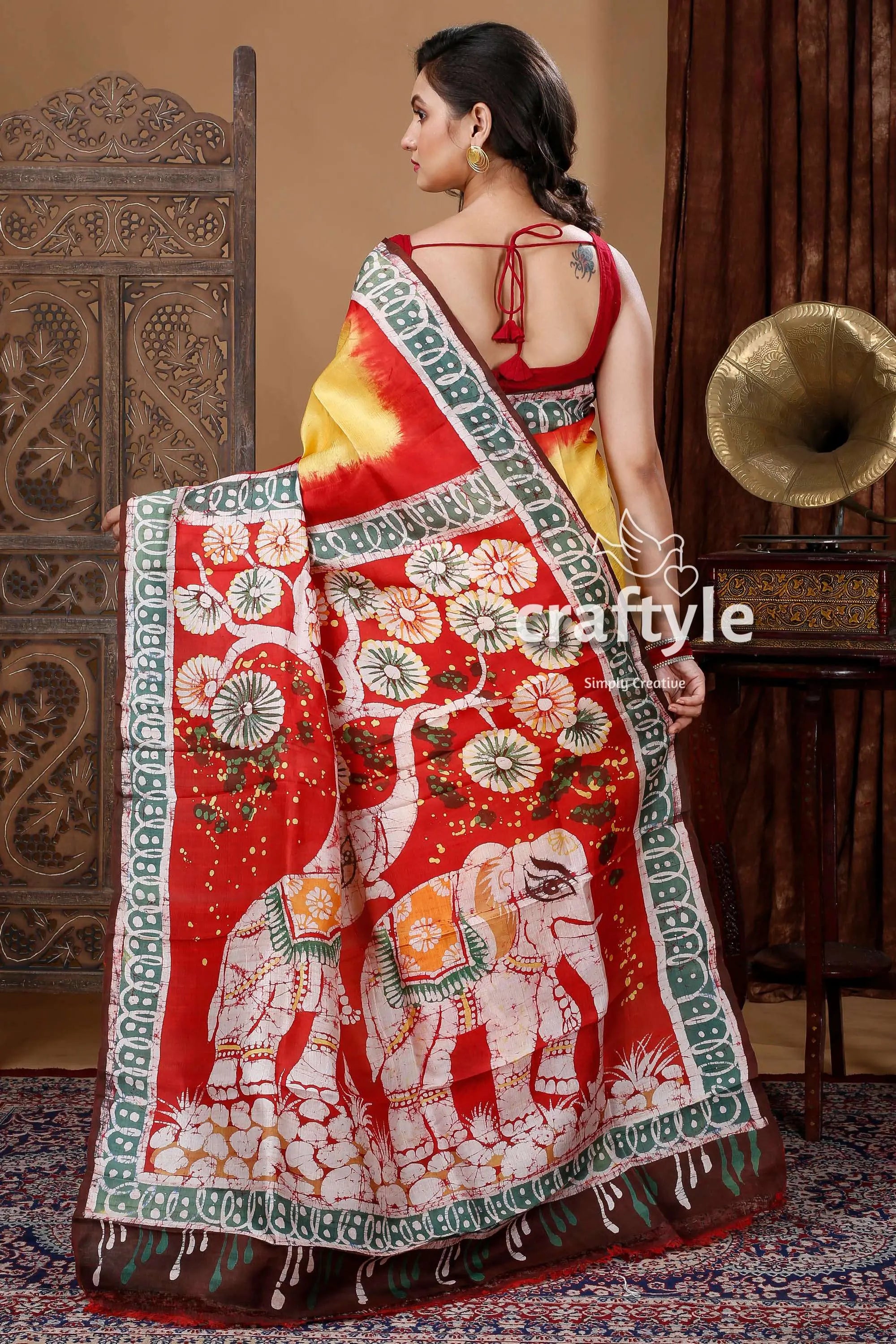Pineapple yellow & red elephant design batik pure mulberry silk saree woman red yellow elephant-patterned saree 4
