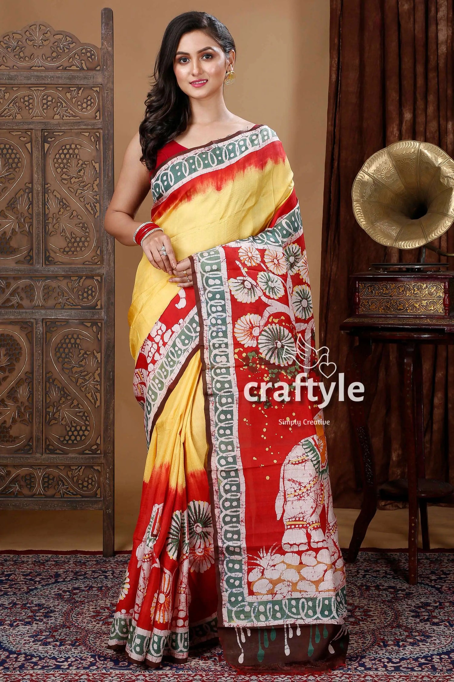 Pineapple yellow & red elephant design batik pure mulberry silk saree woman yellow red patterned saree 1