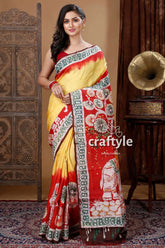 Pineapple yellow & red elephant design batik pure mulberry silk saree woman yellow red patterned saree 1