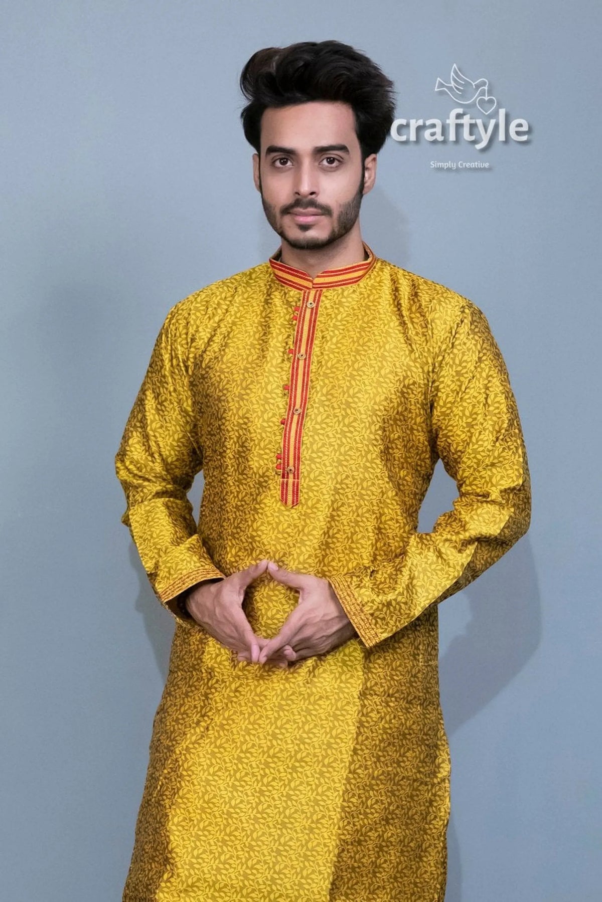 Pineapple yellow silk kurta - embroidered ethnic menswear patterned 3