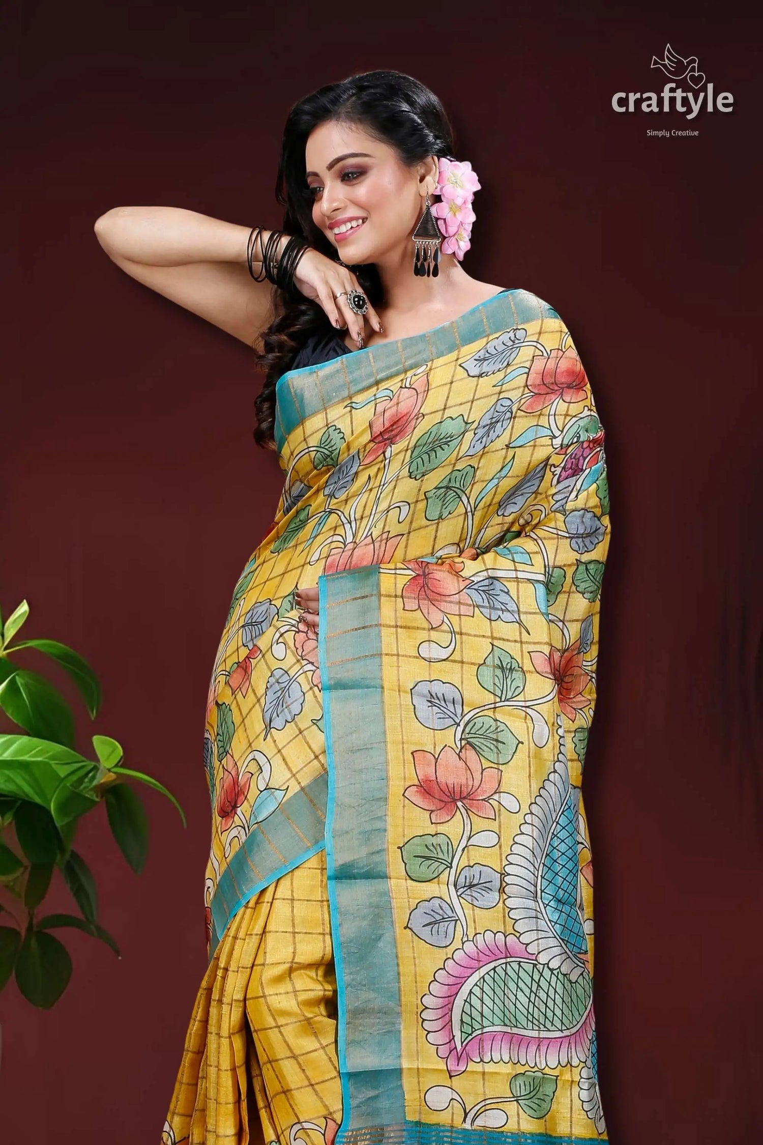 Pineapple yellow zari border pure tussar kalamkari sari yellow floral-patterned saree 2