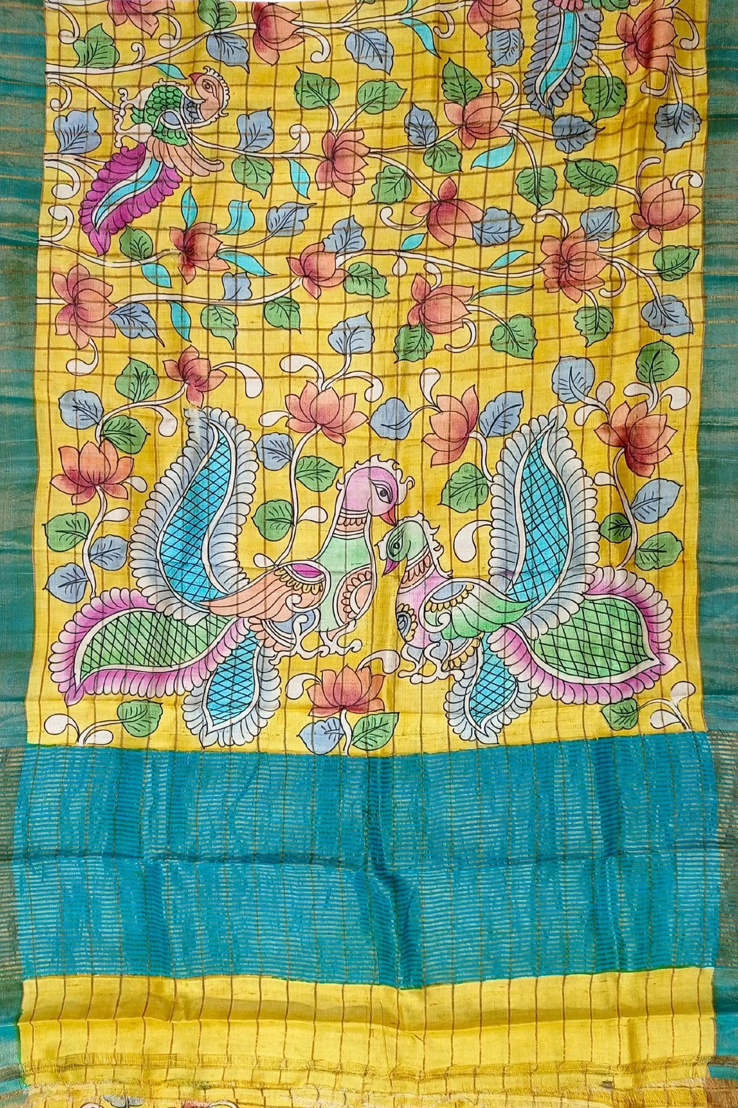 Pineapple yellow zari border pure tussar kalamkari sari yellow fabric peacock floral design 4
