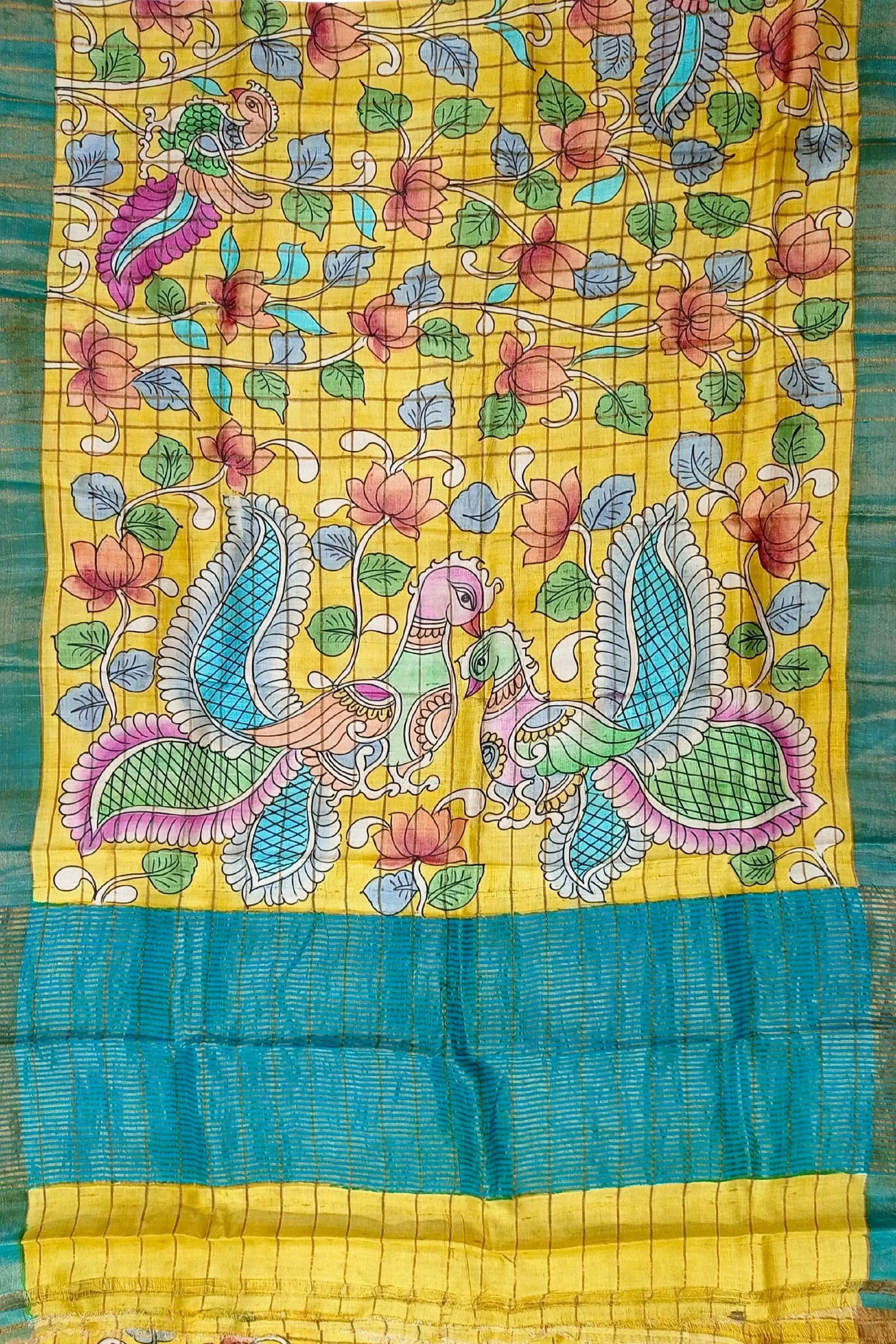 Pineapple yellow zari border pure tussar kalamkari sari yellow fabric peacock floral design 4