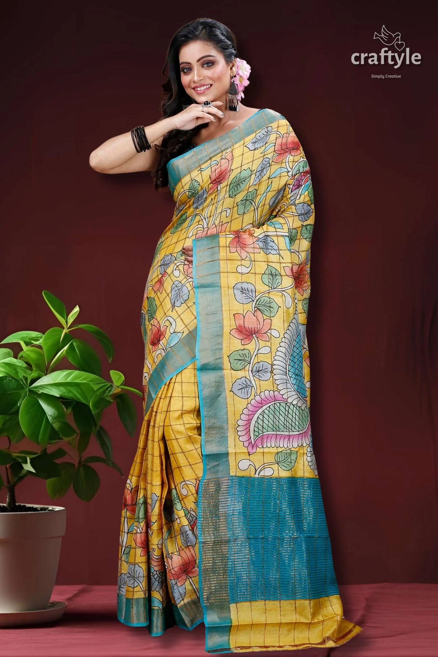 Pineapple yellow zari border pure tussar kalamkari sari yellow saree floral peacock design 1