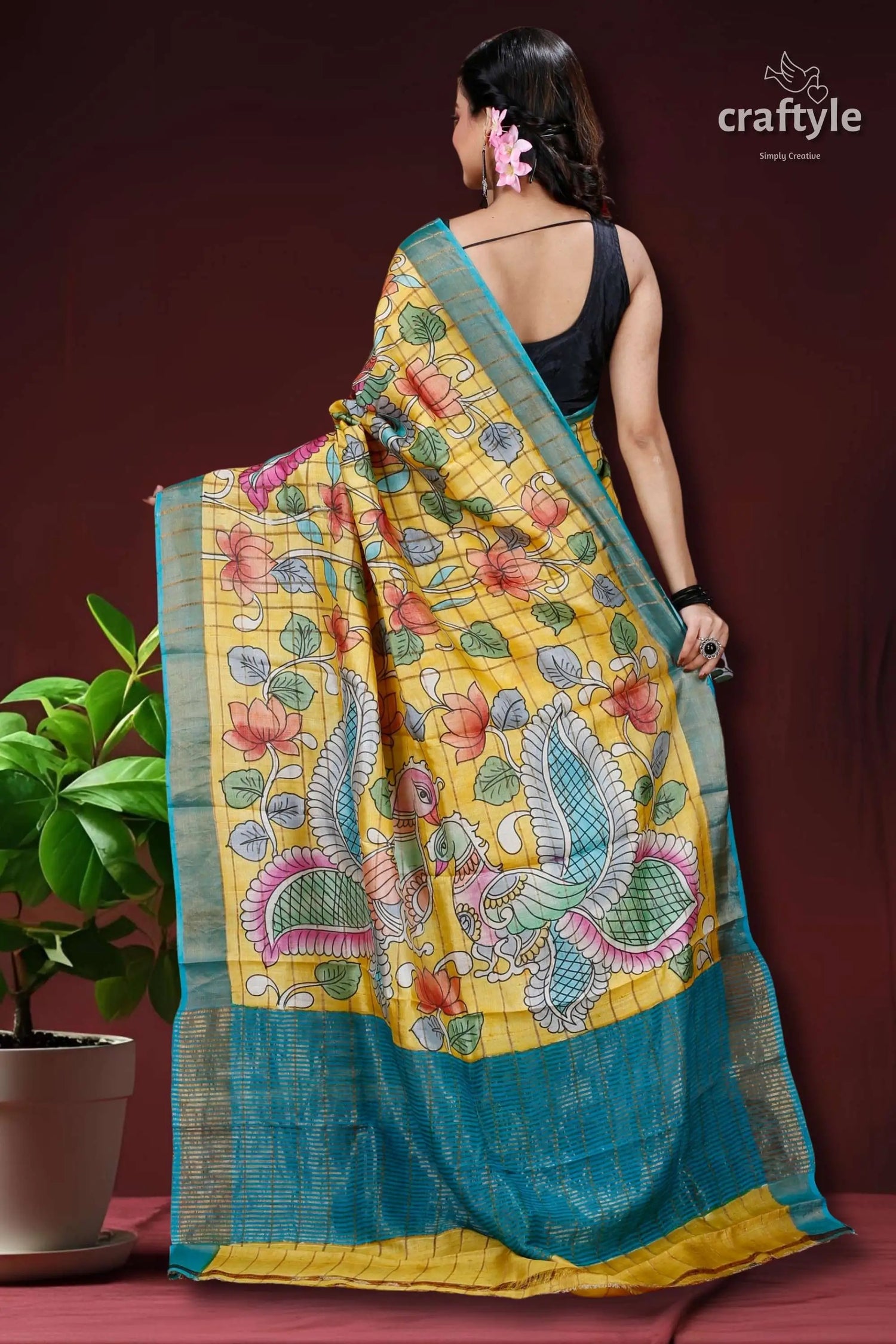 Pineapple yellow zari border pure tussar kalamkari sari yellow blue floral saree 3