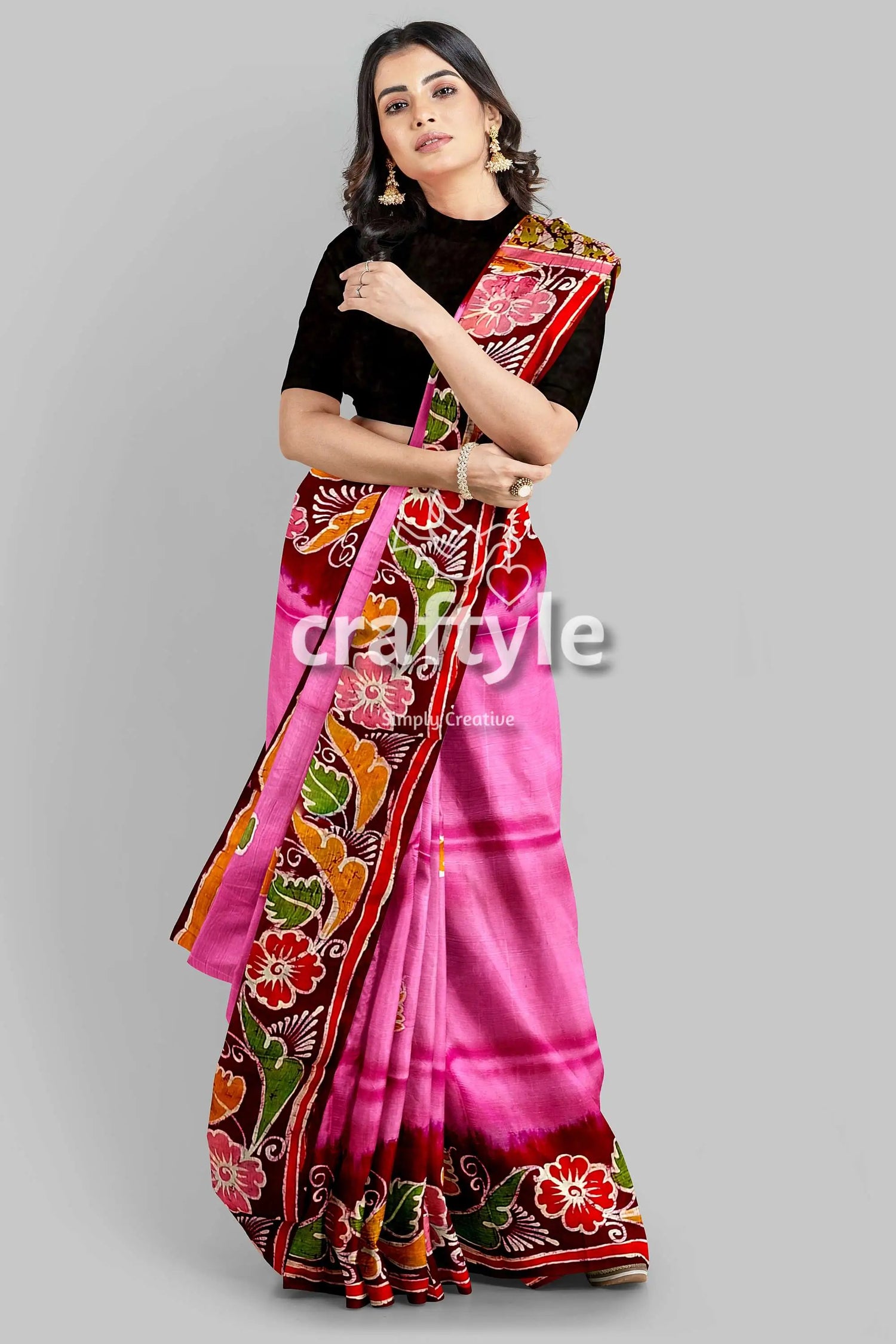 Pink dark burgundy shakuntala design handcrafted batik pure mulberry silk sari woman pink floral-bordered saree 5