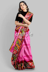 Pink dark burgundy shakuntala design handcrafted batik pure mulberry silk sari woman pink floral-bordered saree 5