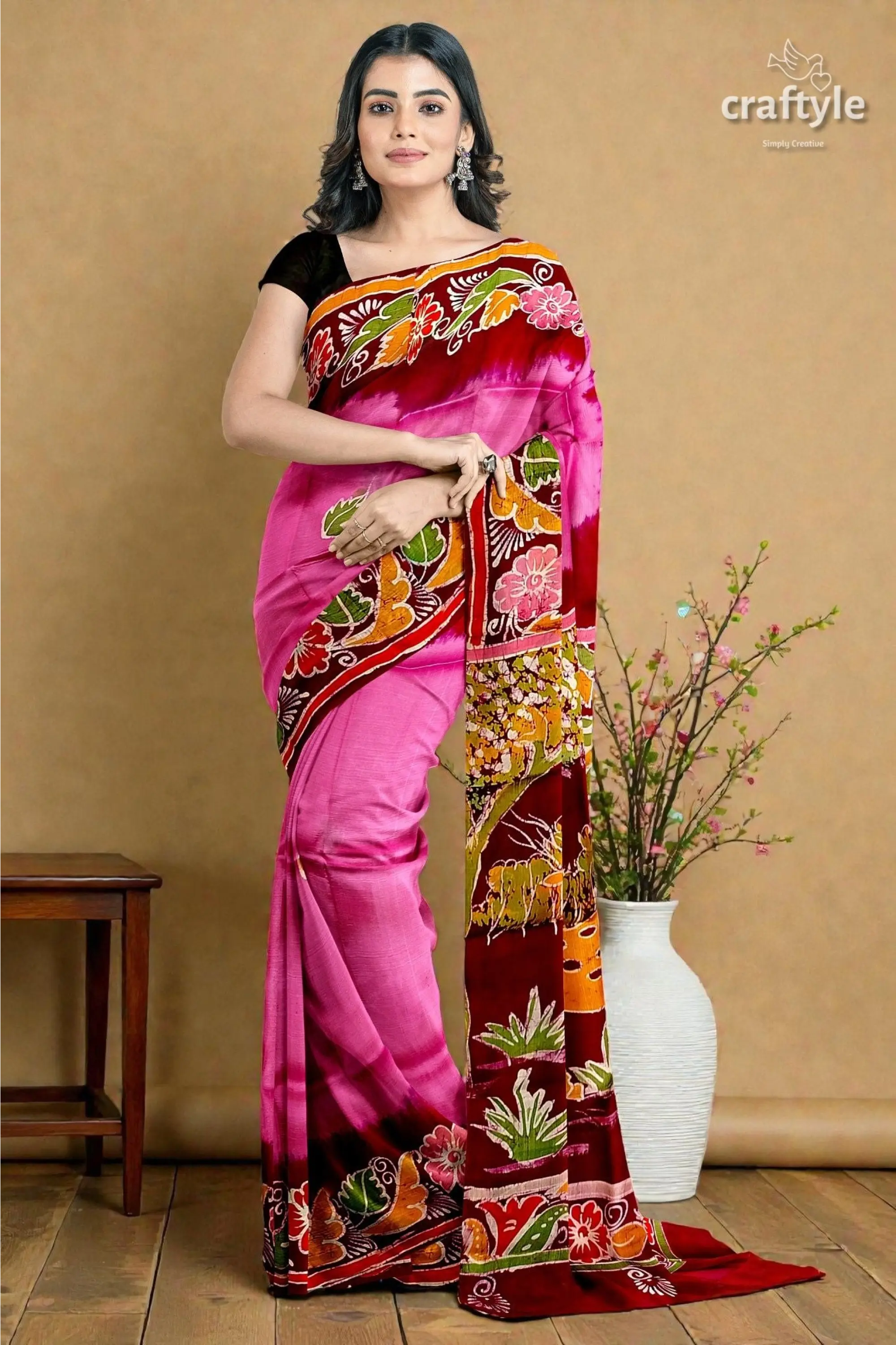 Pink dark burgundy shakuntala design handcrafted batik pure mulberry silk sari 4