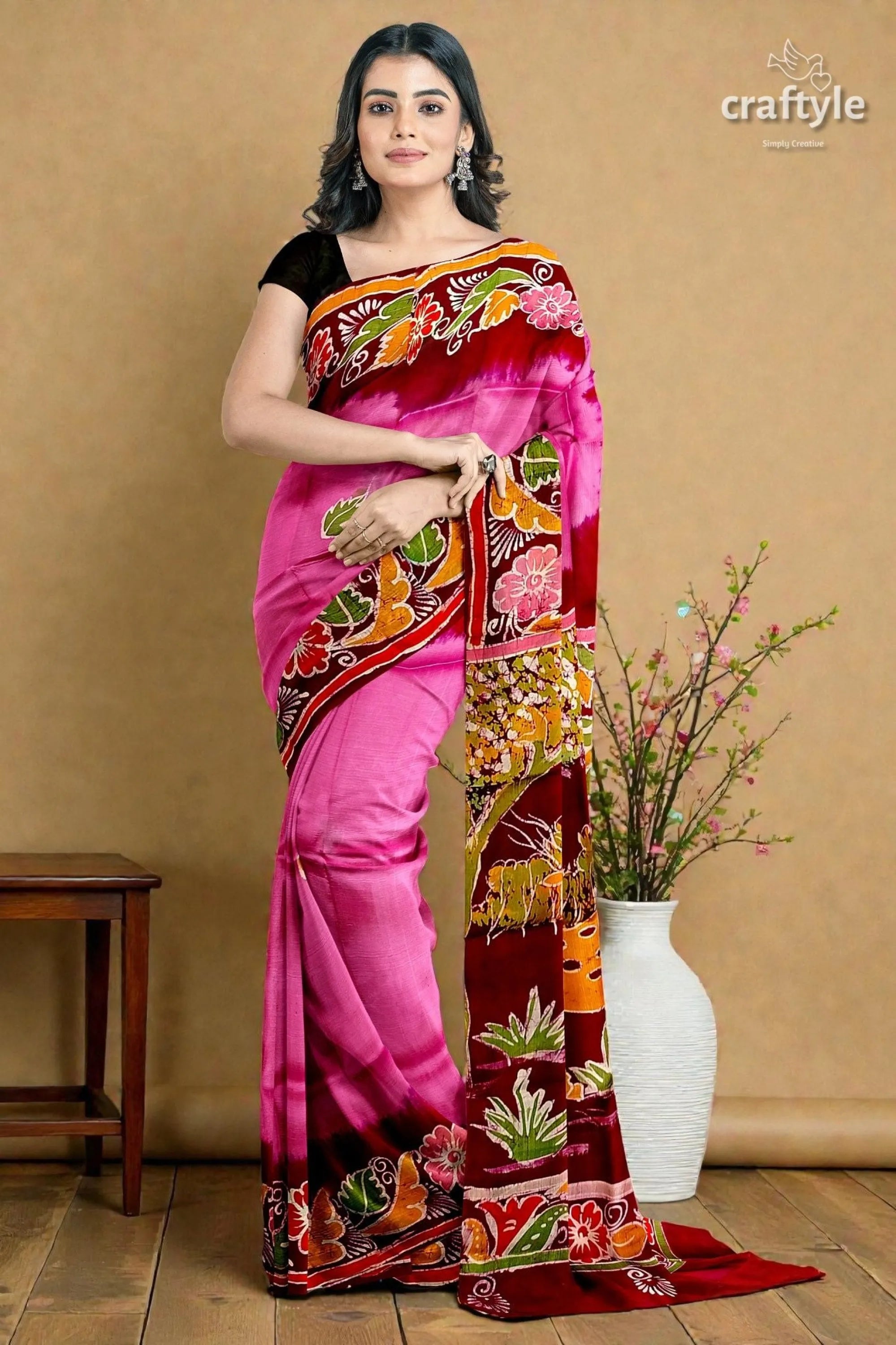 Pink dark burgundy shakuntala design handcrafted batik pure mulberry silk sari vibrant pink maroon silk saree 4