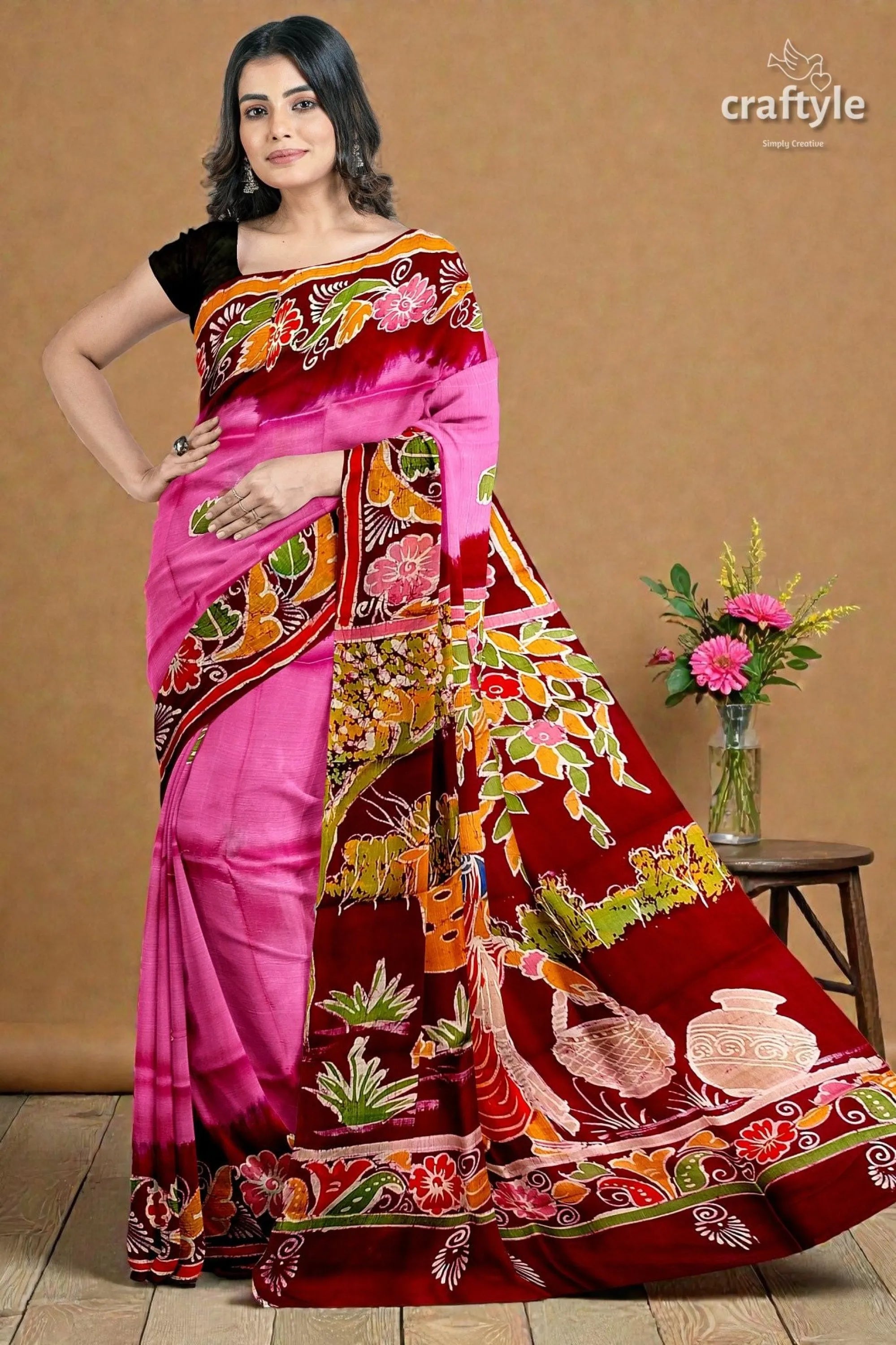 Pink dark burgundy shakuntala design handcrafted batik pure mulberry silk sari vibrant pink maroon saree intricate 5