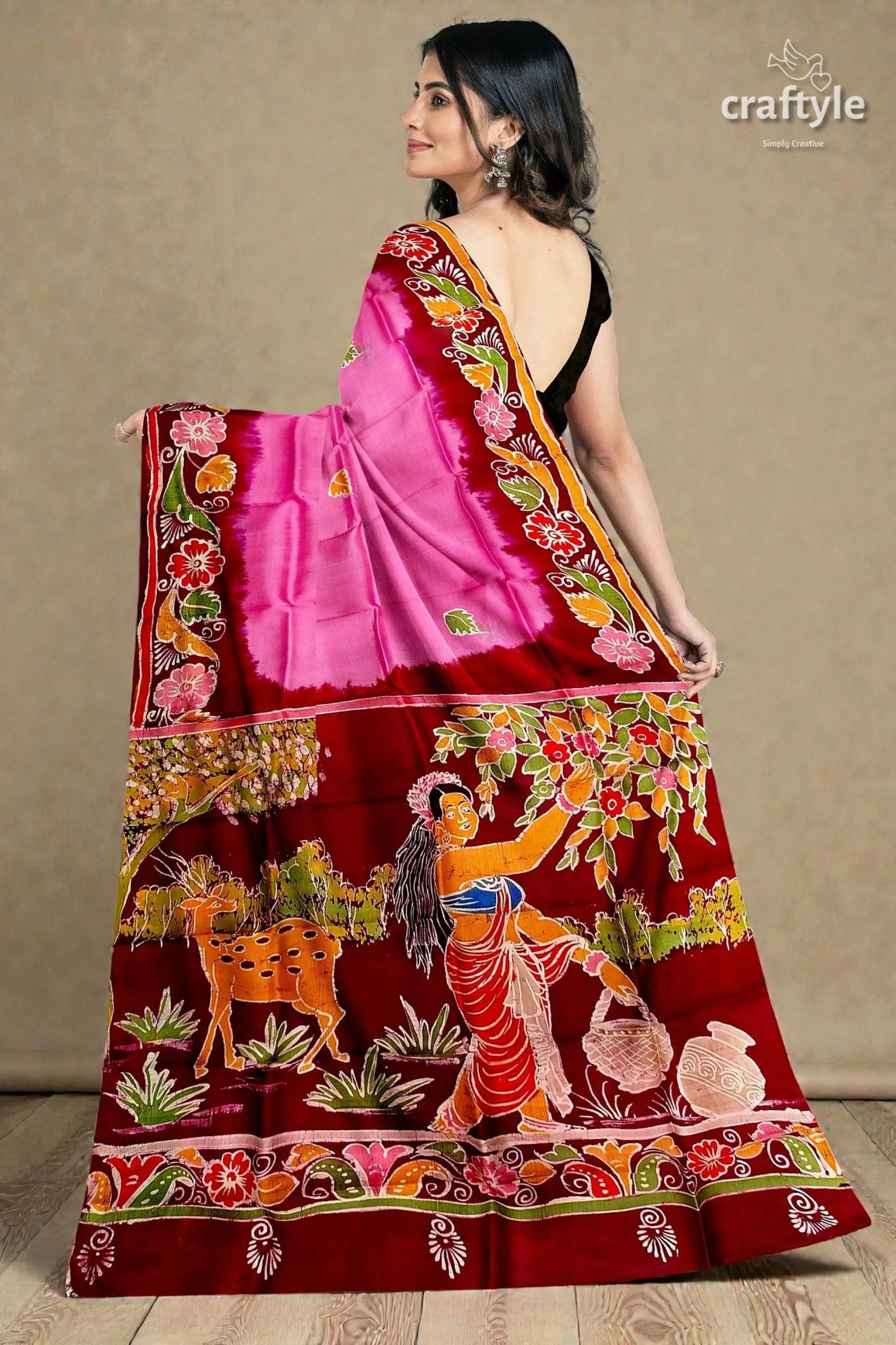 Pink dark burgundy shakuntala design handcrafted batik pure mulberry silk sari vibrant pink deep red silk 3