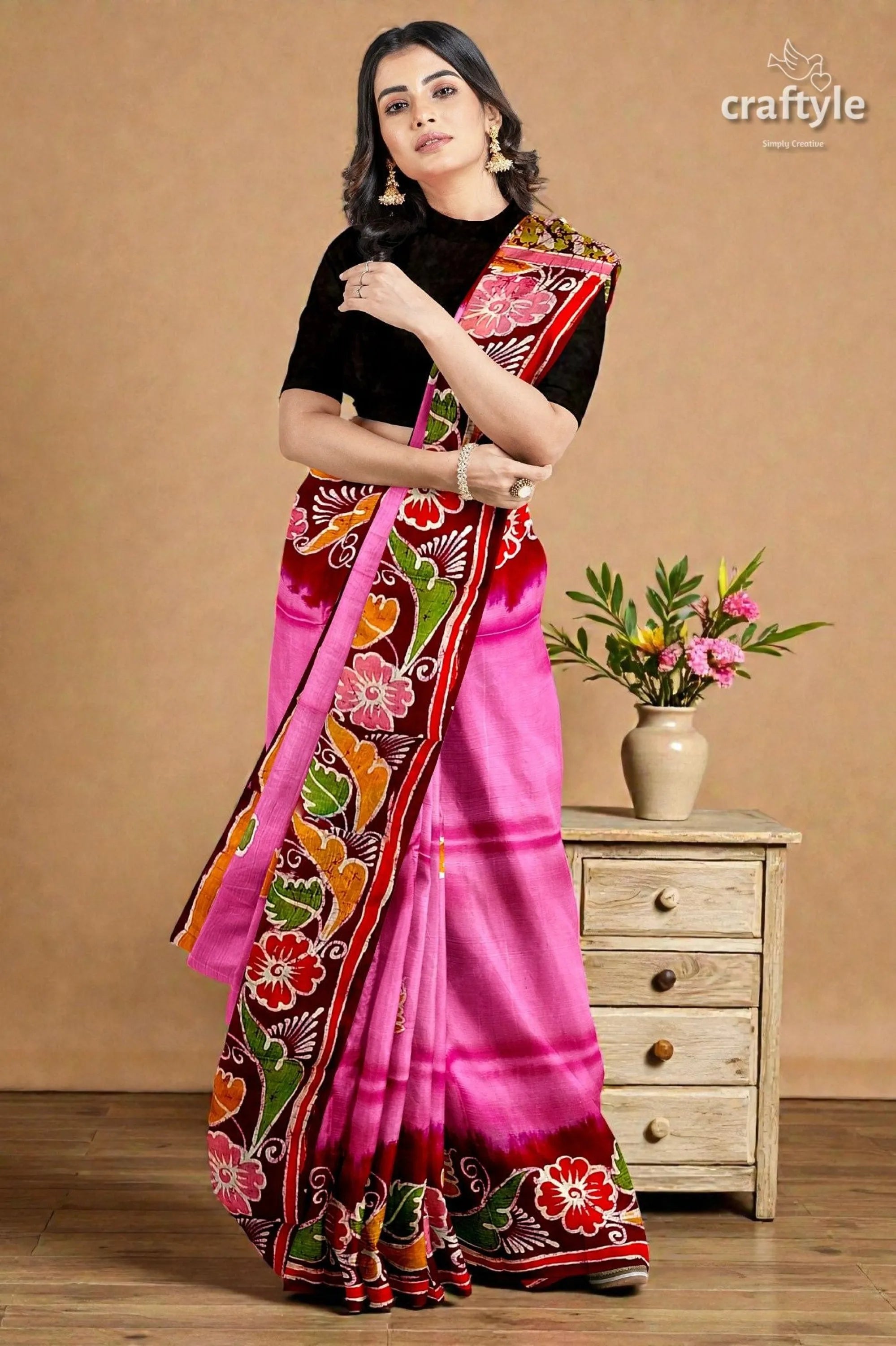 Pink dark burgundy shakuntala design handcrafted batik pure mulberry silk sari vibrant pink silk saree intricate 6