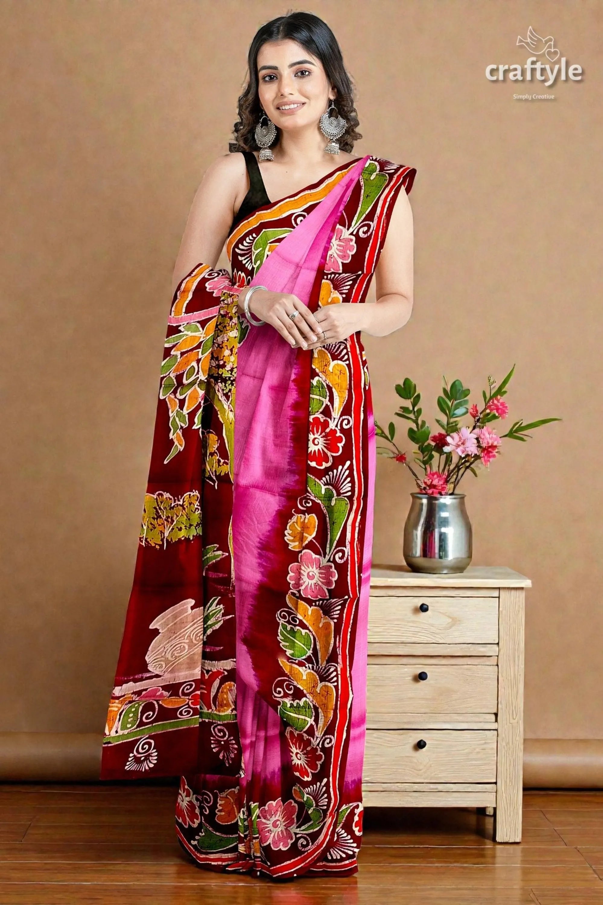 Pink dark burgundy shakuntala design handcrafted batik pure mulberry silk sari vibrant pink maroon saree intricate 1