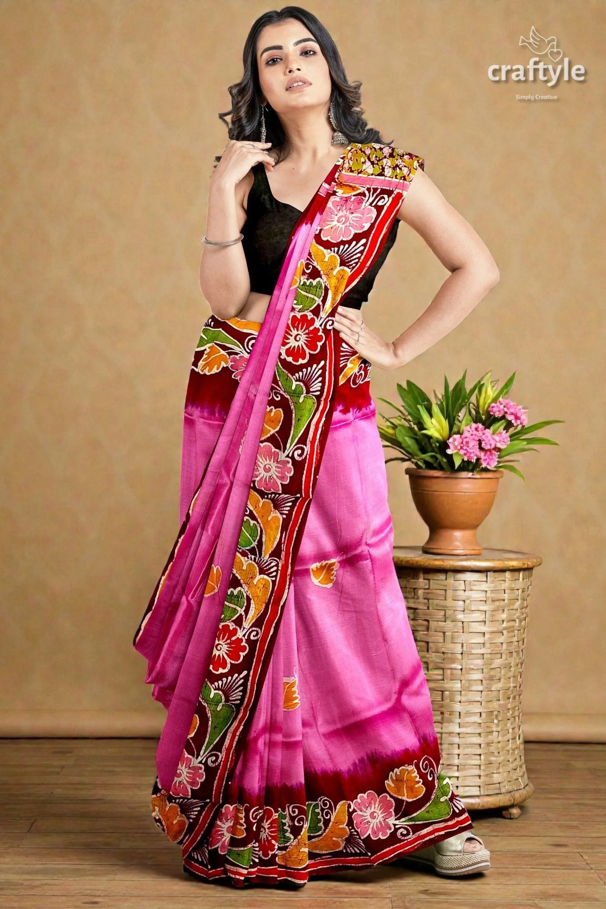 Pink dark burgundy shakuntala design handcrafted batik pure mulberry silk sari vibrant pink saree intricate floral 2