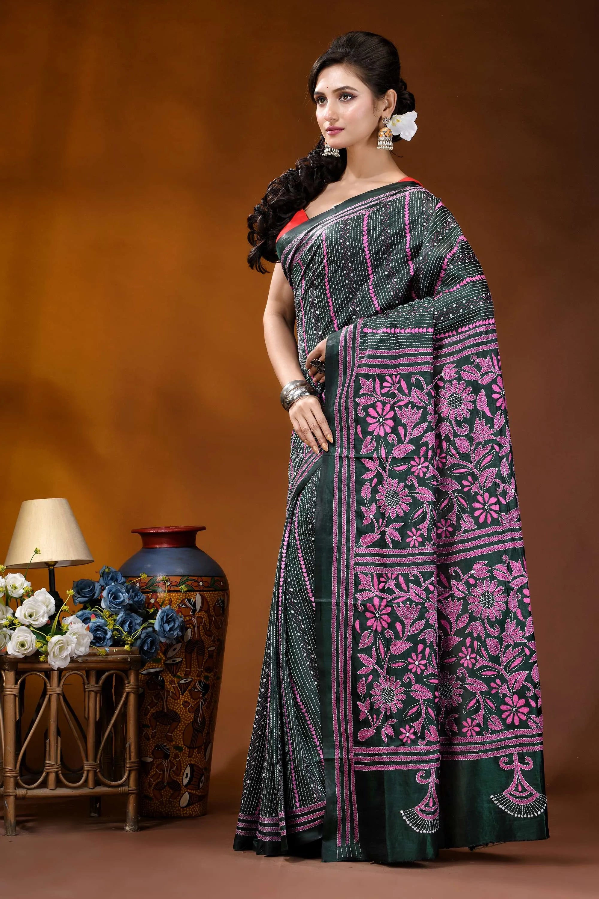 Pink floral motif kantha silk saree in jungle green - hand embroidery dark green saree intricate pink 3