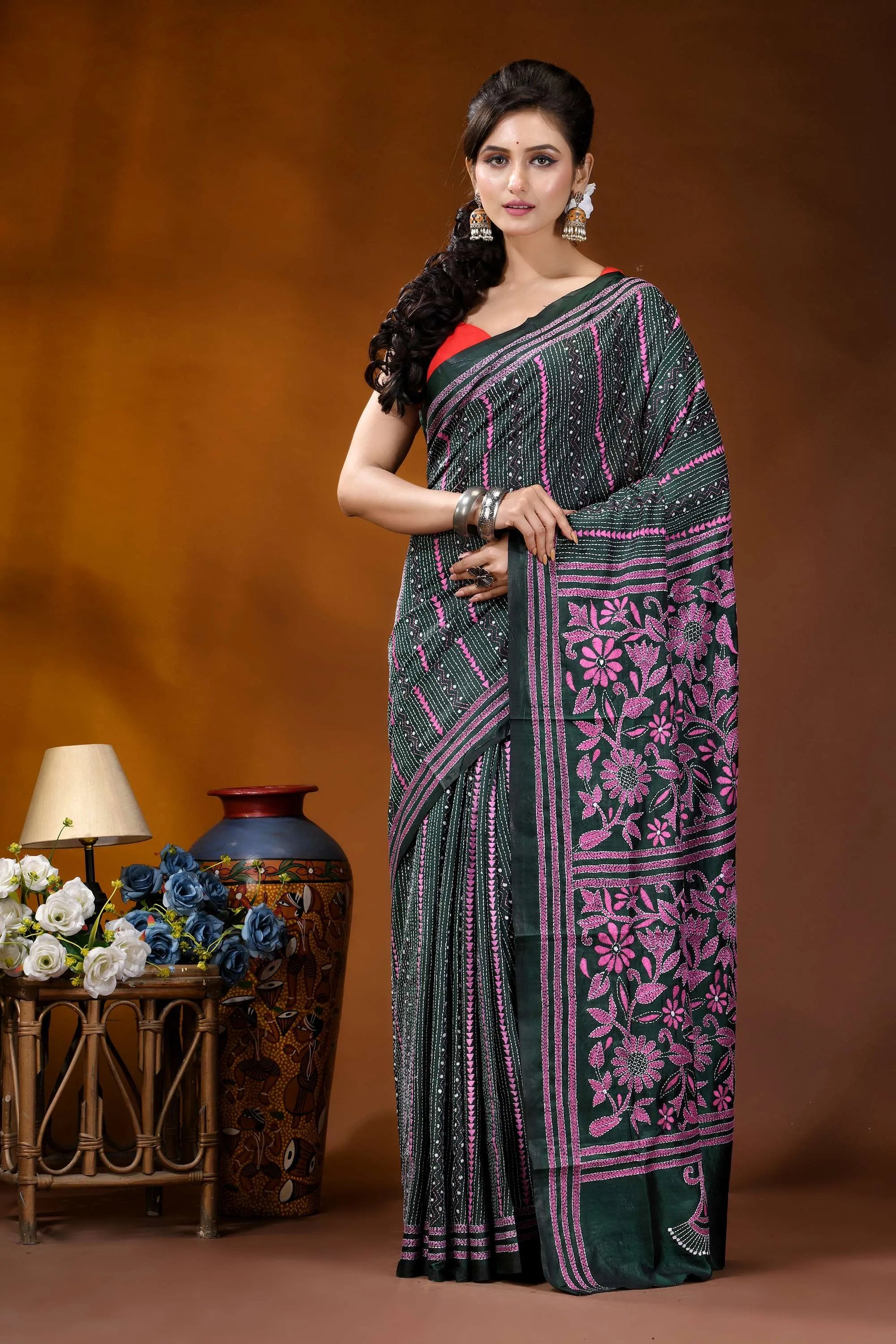 Pink floral motif kantha silk saree in jungle green - hand embroidery dark green saree intricate pink 1