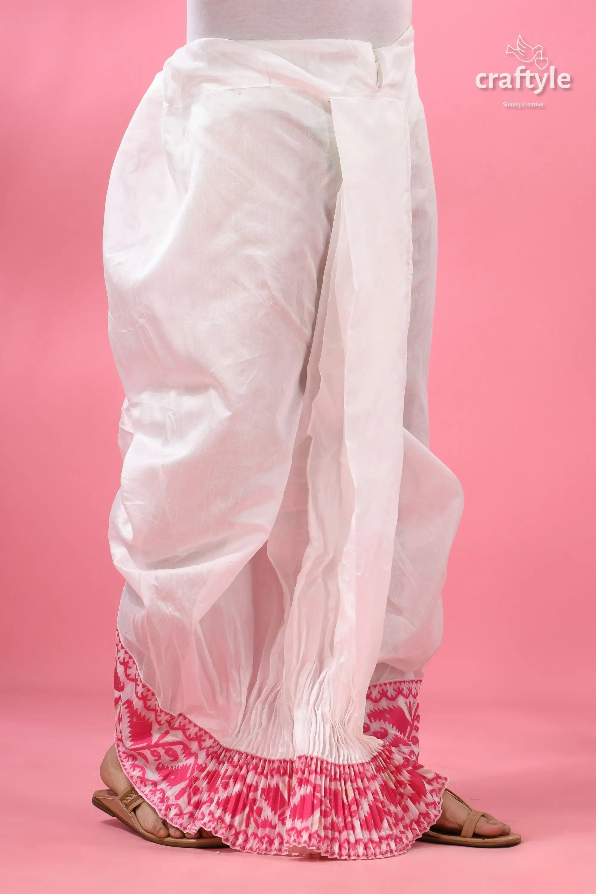 Pink jamdani border mayur puccha silk dhoti - ready to wear white cotton pants pink embroidered 2