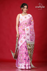 Pink lavender exclusive jamdani sari pink white patterned saree 4