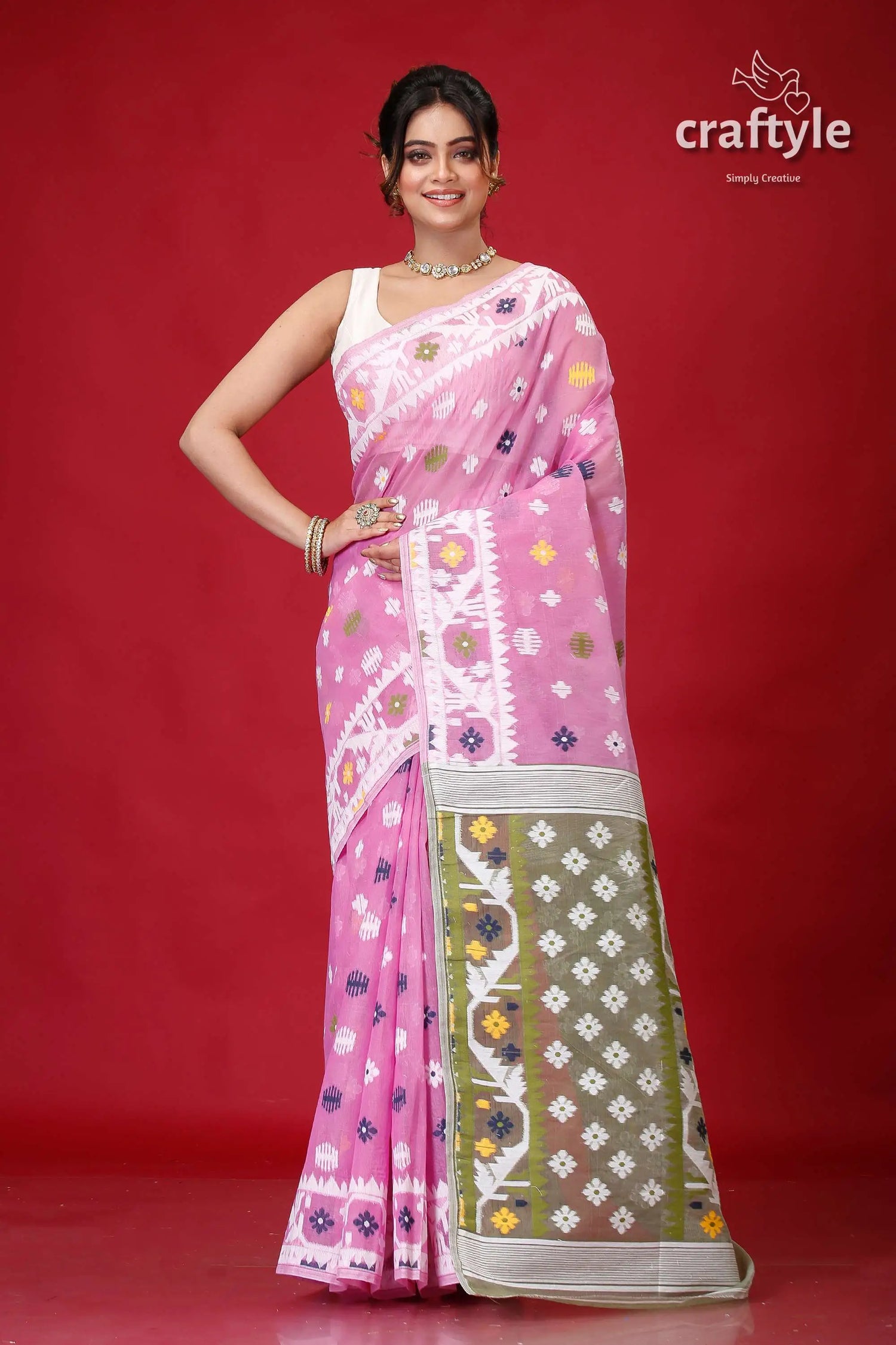 Pink lavender exclusive jamdani sari pink cotton saree woven patterns 1