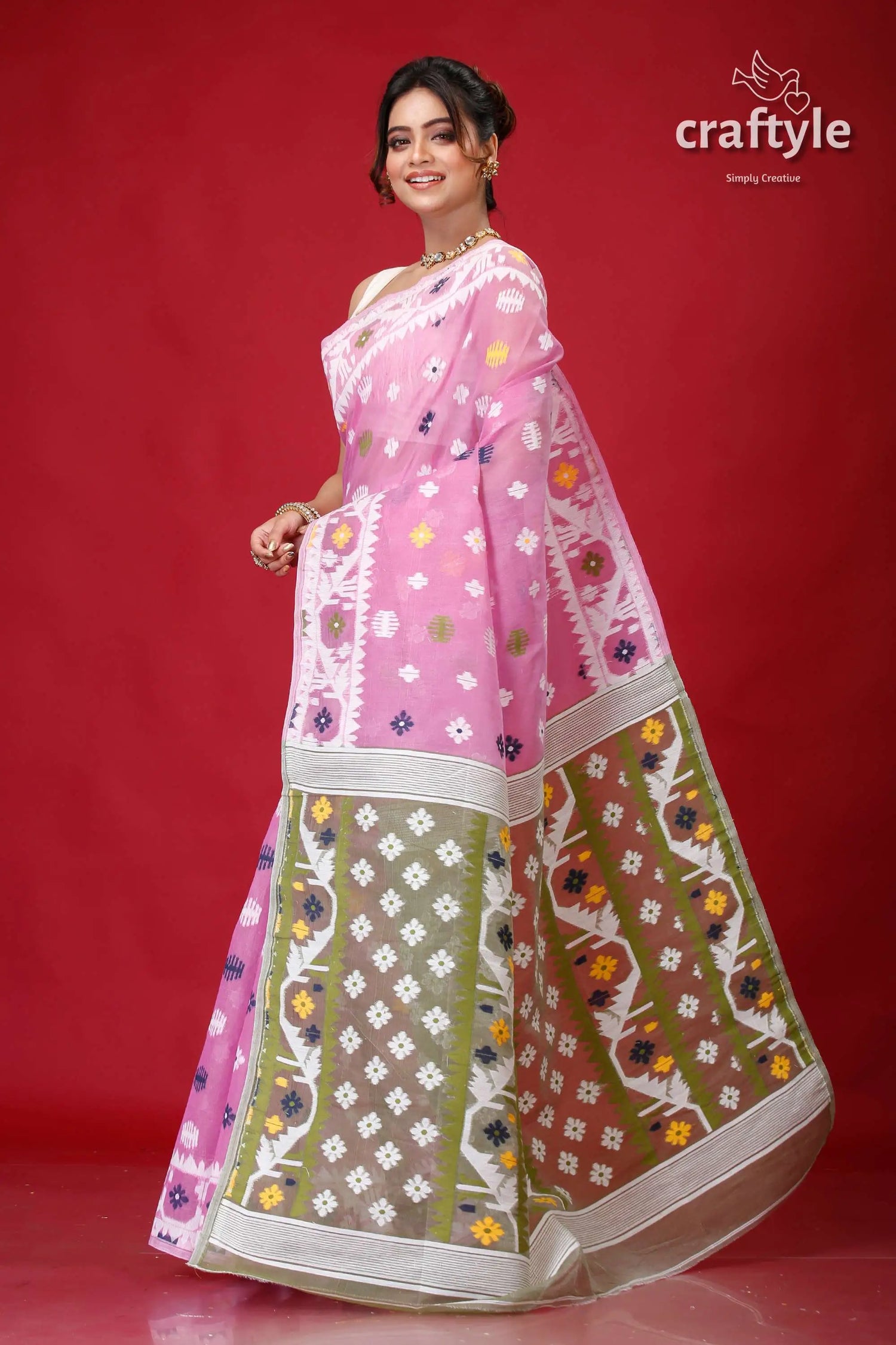 Pink lavender exclusive jamdani sari pink patterned saree 3