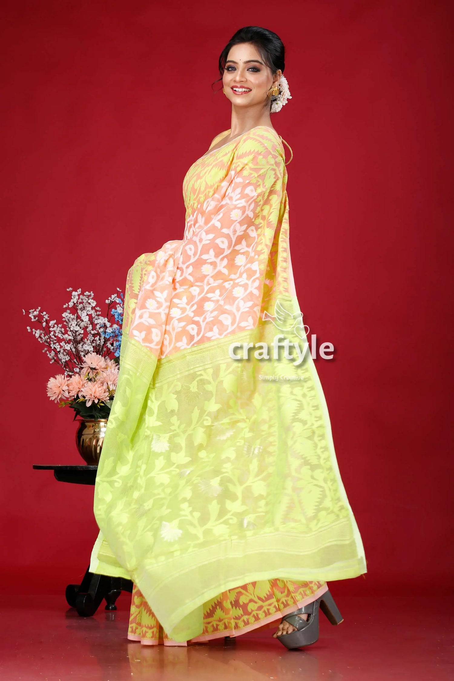 Pink pastel green jamdani saree - elegant indian wedding attire woman yellow peach saree 4