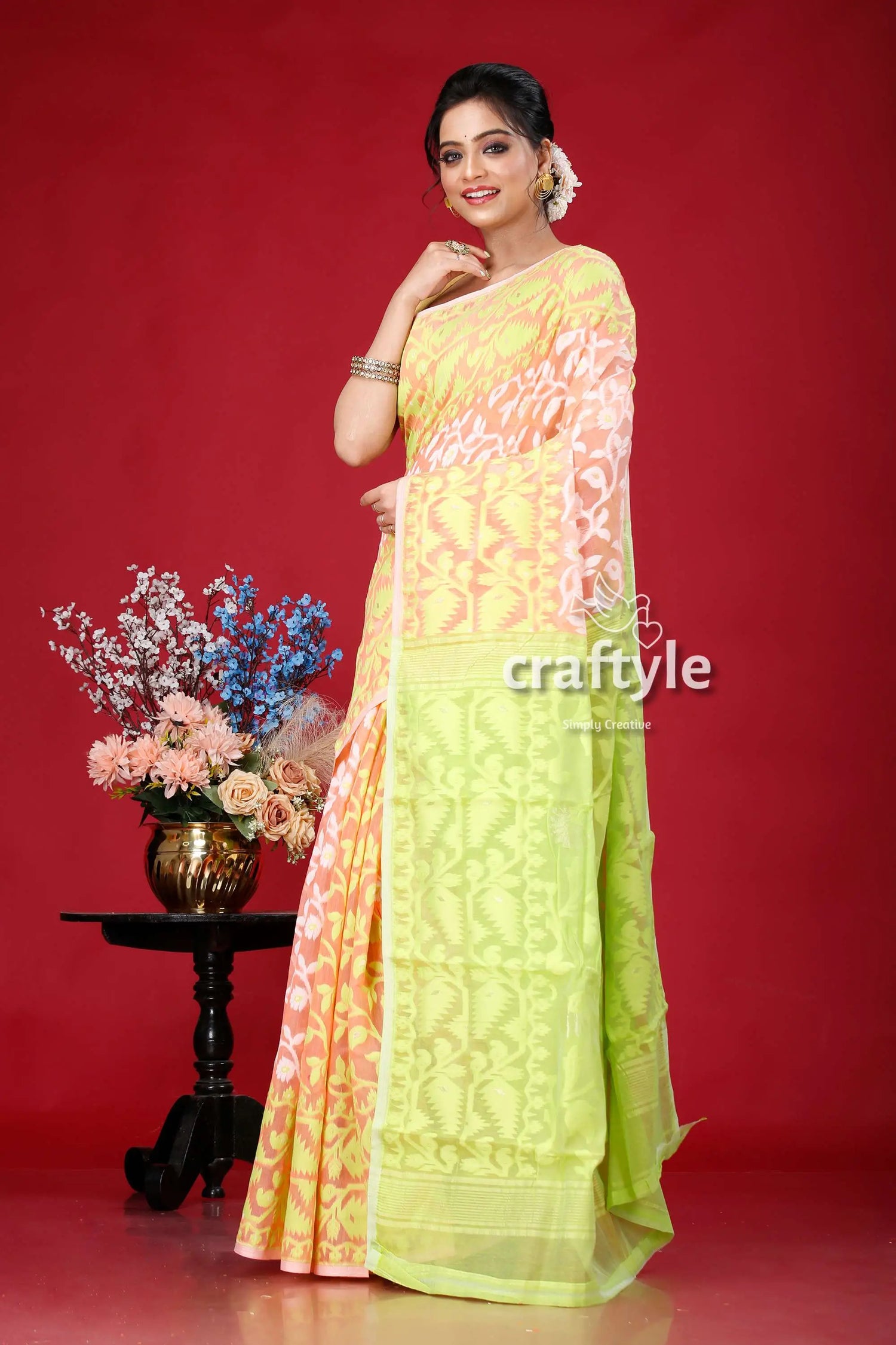 Pink pastel green jamdani saree - elegant indian wedding attire woman yellow green saree 3