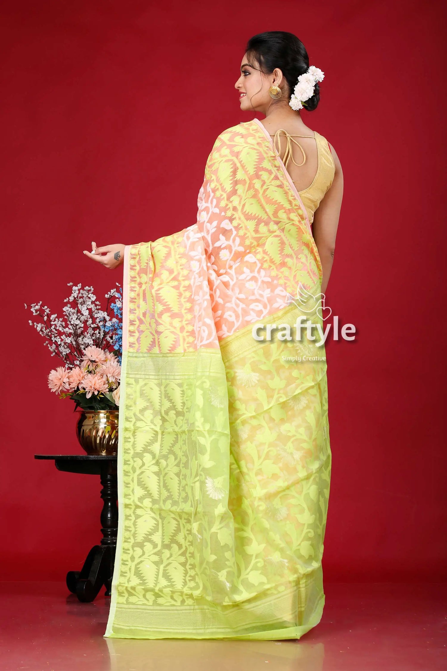 Pink pastel green jamdani saree - elegant indian wedding attire yellow peach floral patterned saree 5