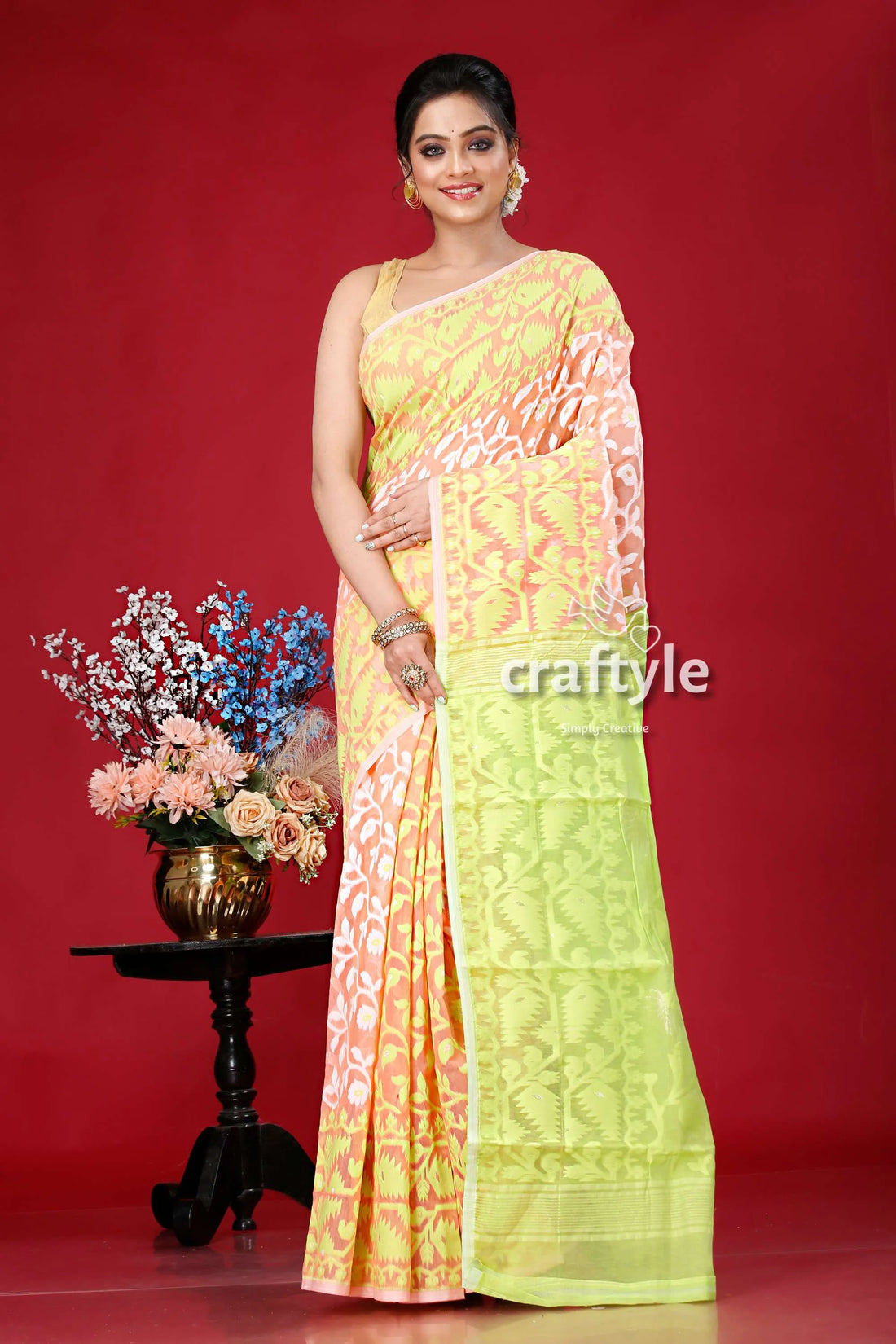 Pink pastel green jamdani saree - elegant indian wedding attire woman yellow peach 1