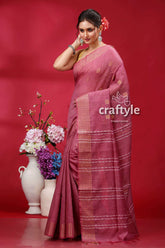 Pink pearl soft ghicha silk saree with golden zari border - bhagalpuri dusty rose saree gold accents 3