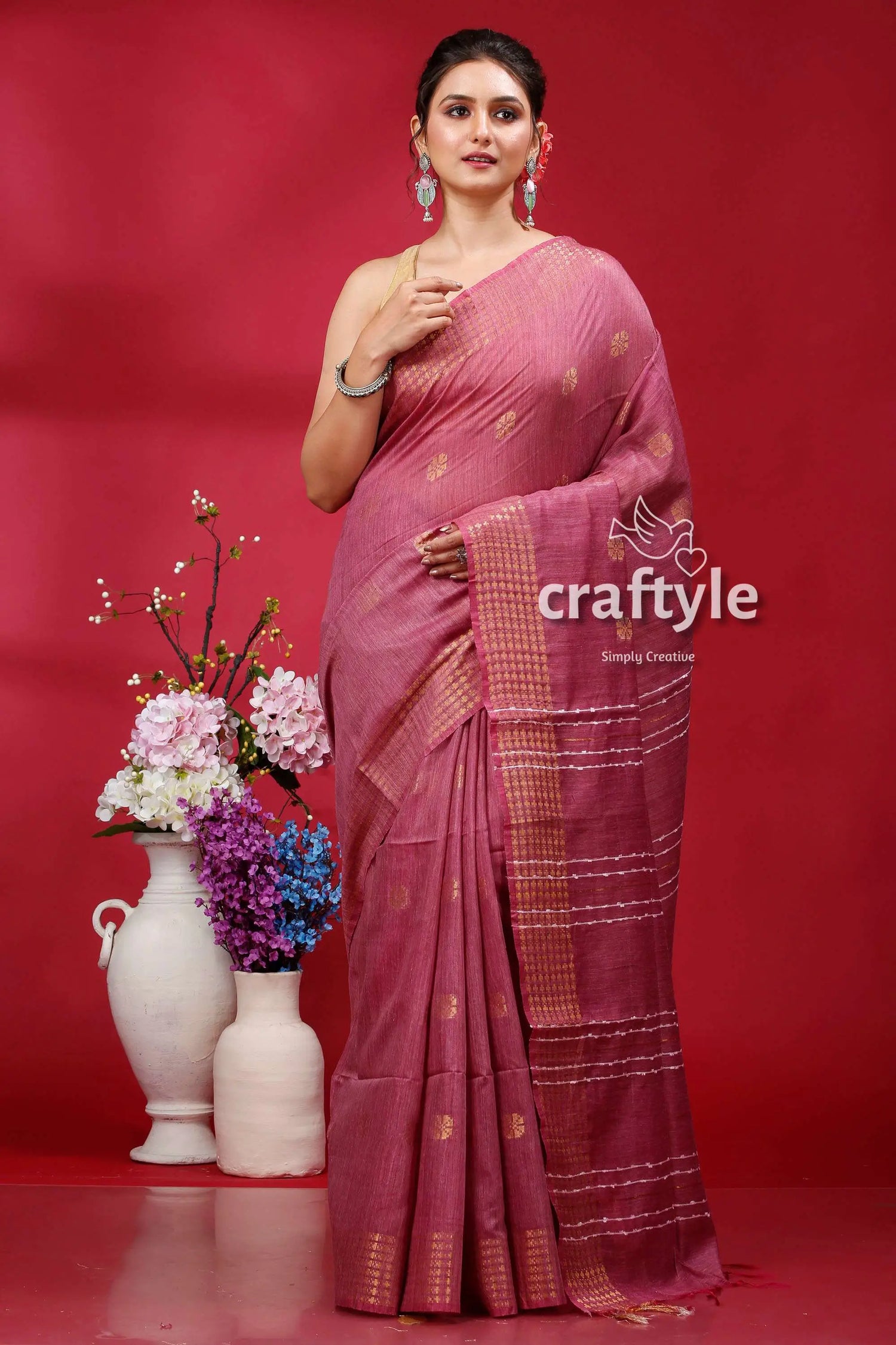Pink pearl soft ghicha silk saree with golden zari border - bhagalpuri woman pink saree 1