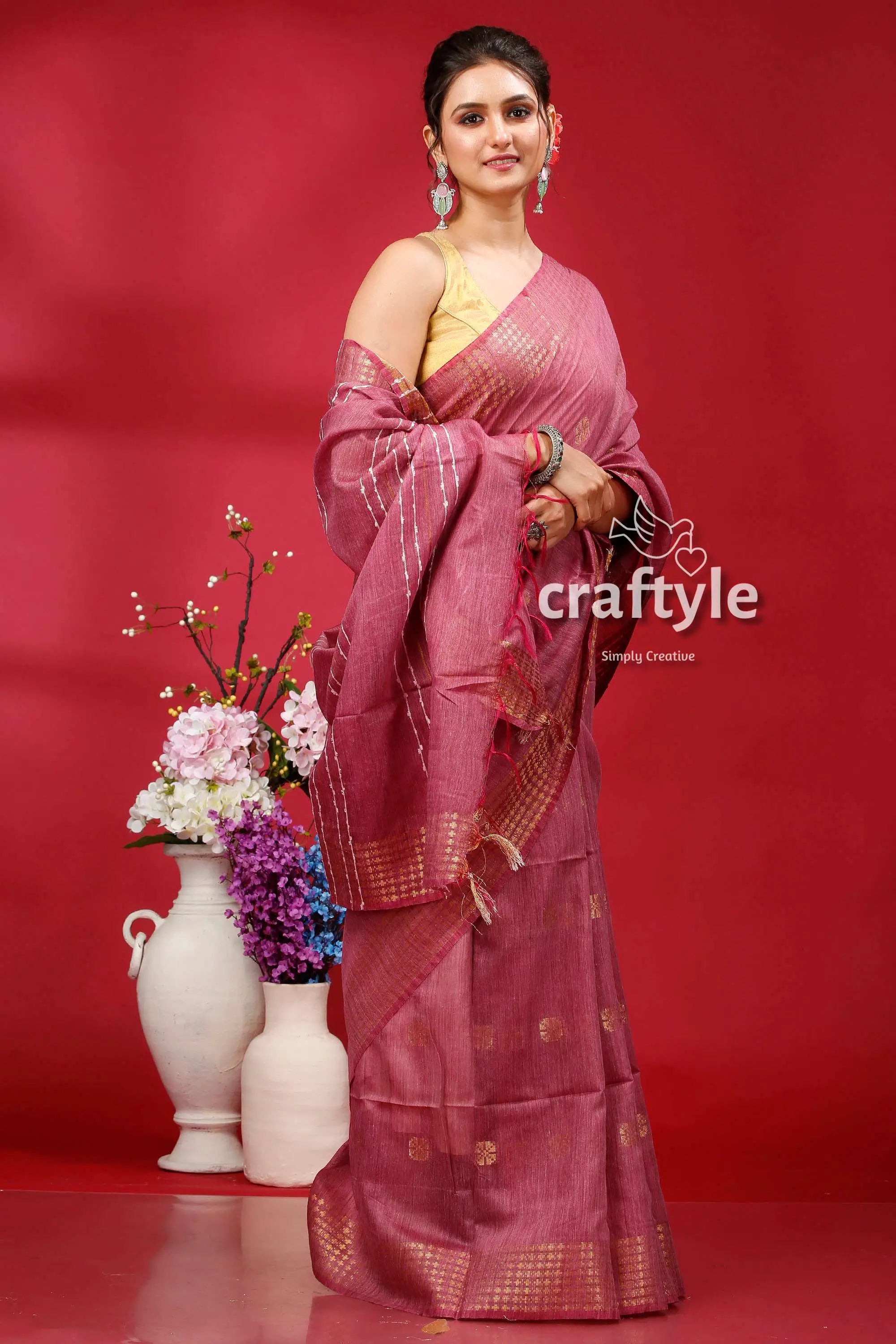 Pink pearl soft ghicha silk saree with golden zari border - bhagalpuri mauve saree gold accents 4