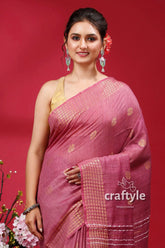 Pink pearl soft ghicha silk saree with golden zari border - bhagalpuri pink saree gold accents 2